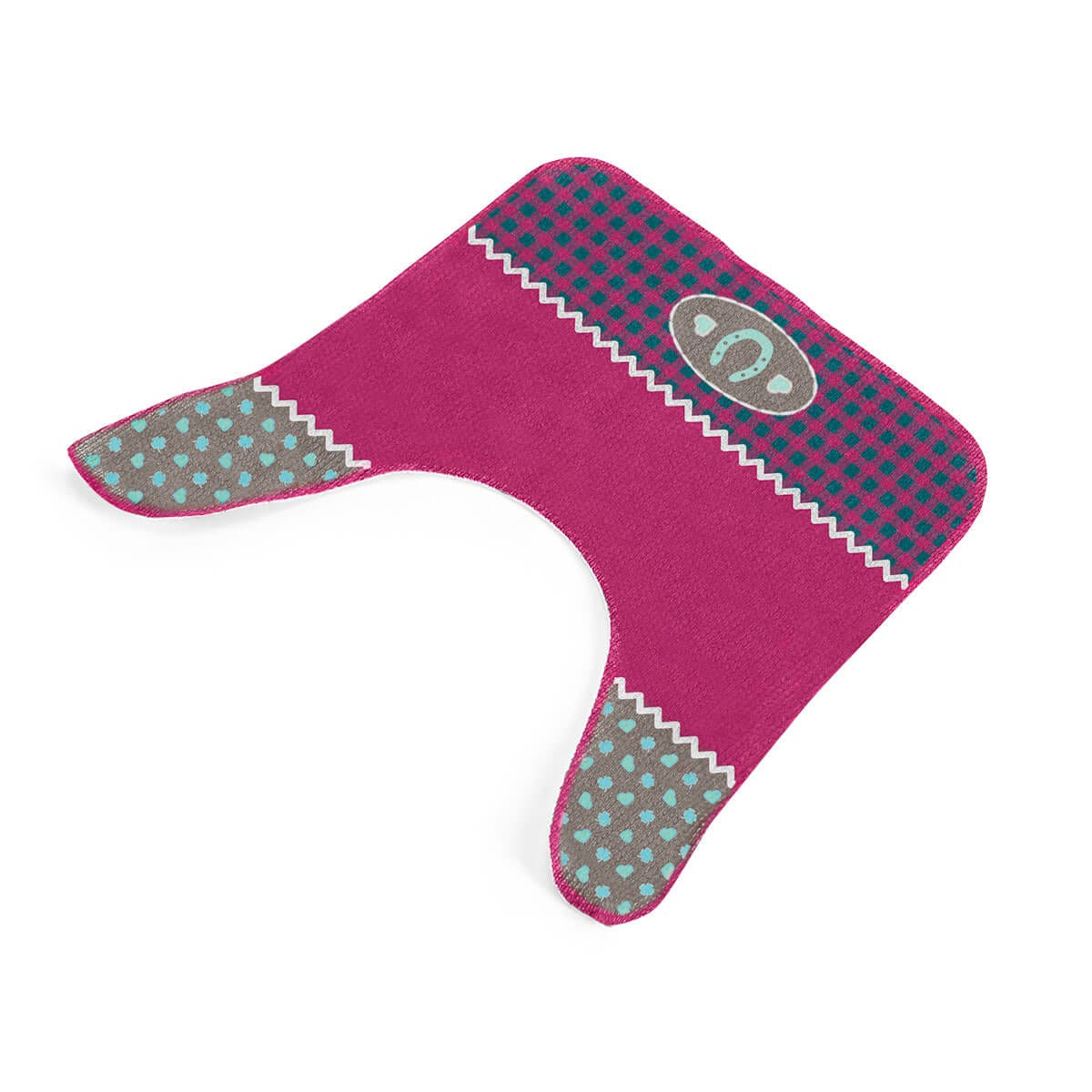 Różowy przedmiot o abstrakcyjnym kształcie z wzorzystymi krawędziami, turkusowymi i szarymi akcentami, na białym tle.