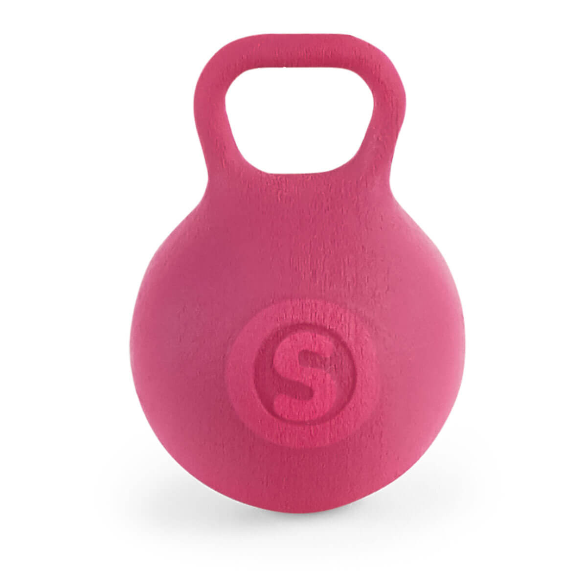 Różowa piłka do ćwiczeń z uchwytem na górze. Z przodu litera "S".