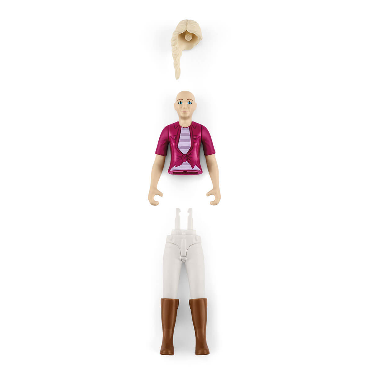 Una figura giocattolo smontata. La figura include una parrucca bionda, un busto e gambe con stivali.