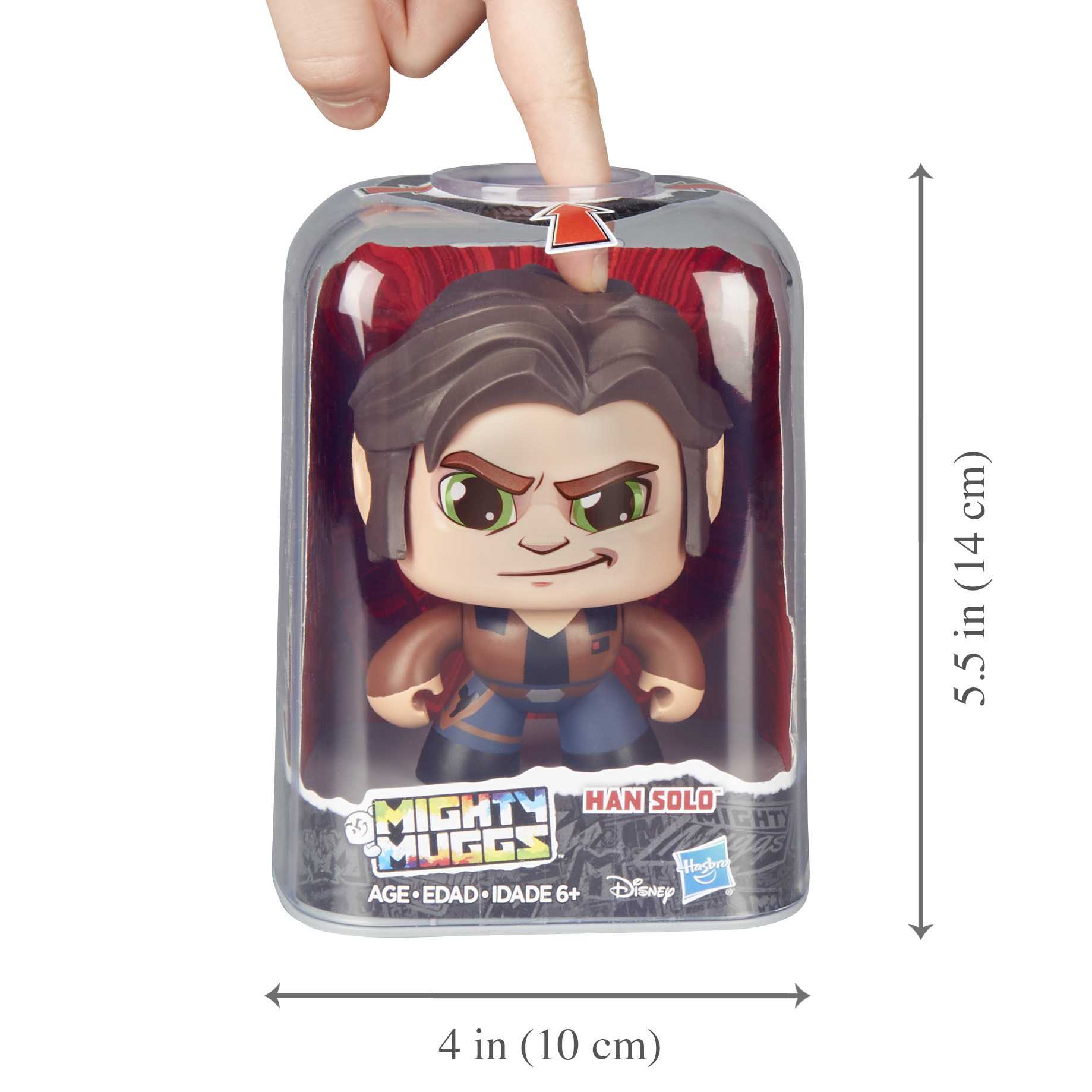 Figurka Han Solo Mighty Mug w przezroczystym plastikowym opakowaniu. Ręka wskazuje na opakowanie.