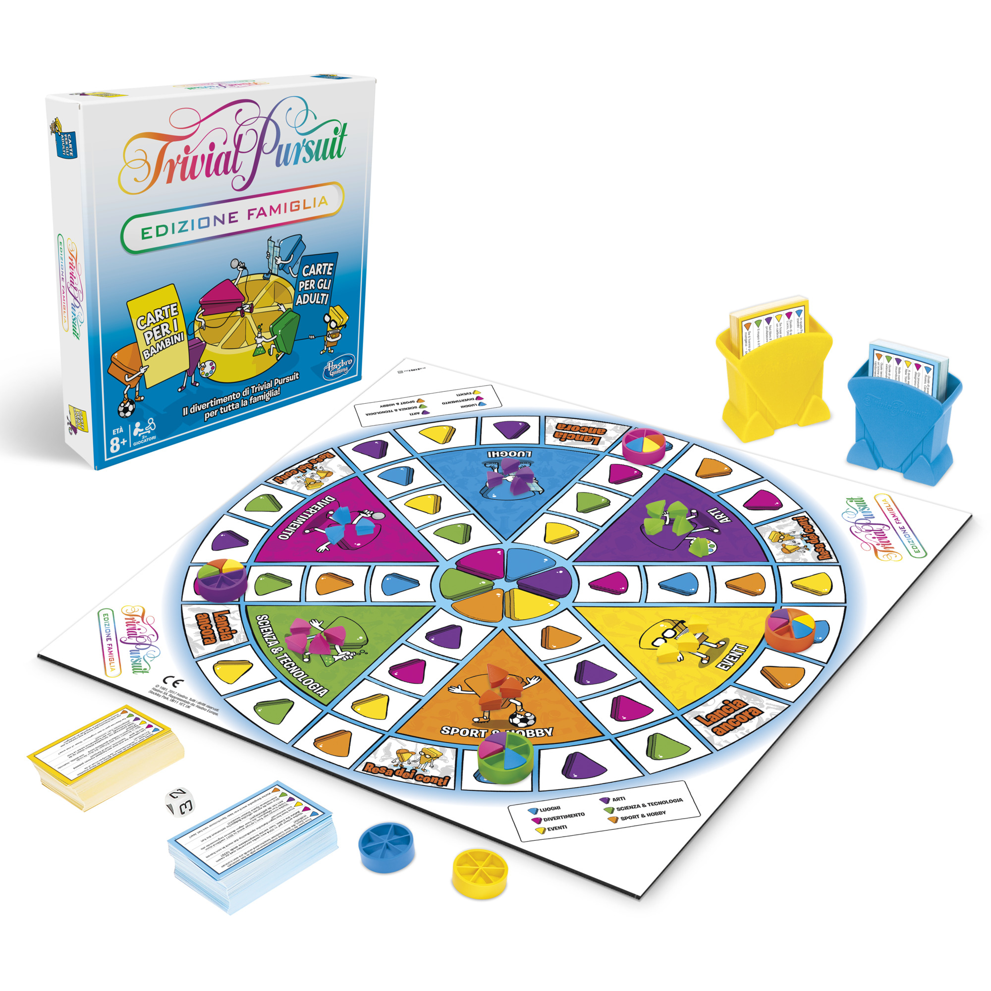 Trivial Pursuit Spiel. Schachtel, Spielbrett, Karten und Spielsteine sind angeordnet. Das Spiel ist auf Italienisch.