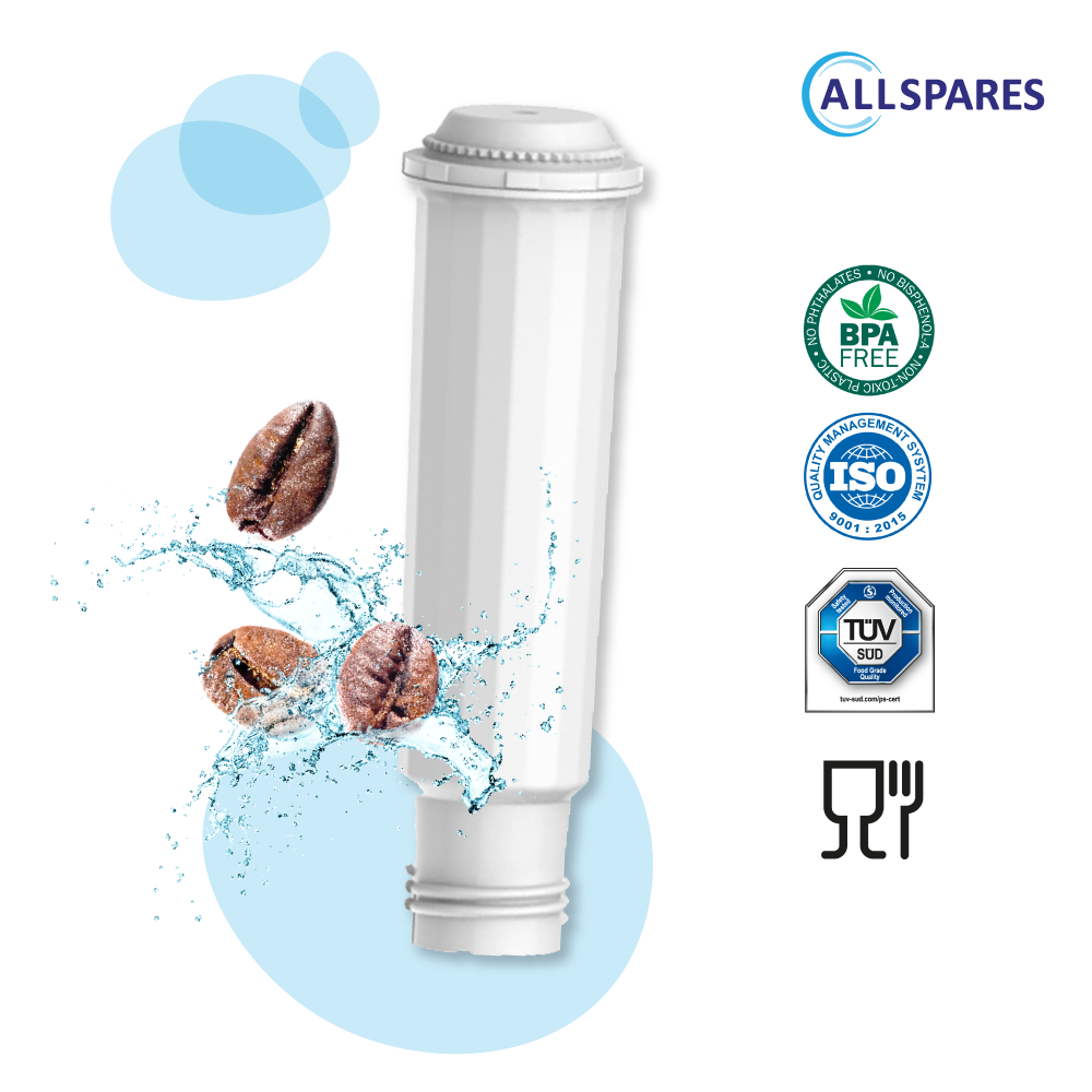 Weißer Wasserfilter mit Kaffeebohnen und Wasserspritzern. Logos und Icons sind rechts.