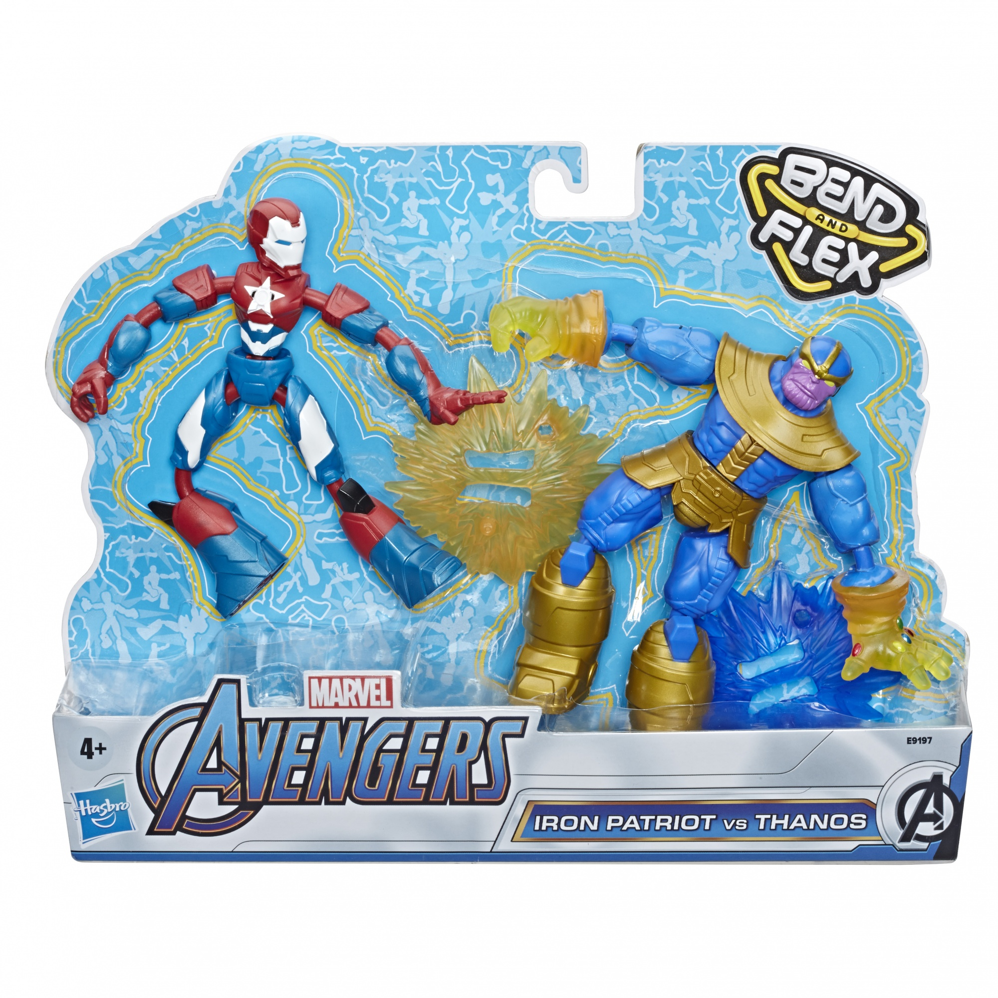 Figuras de acción de Iron Patriot contra Thanos en un paquete con fondo azul.