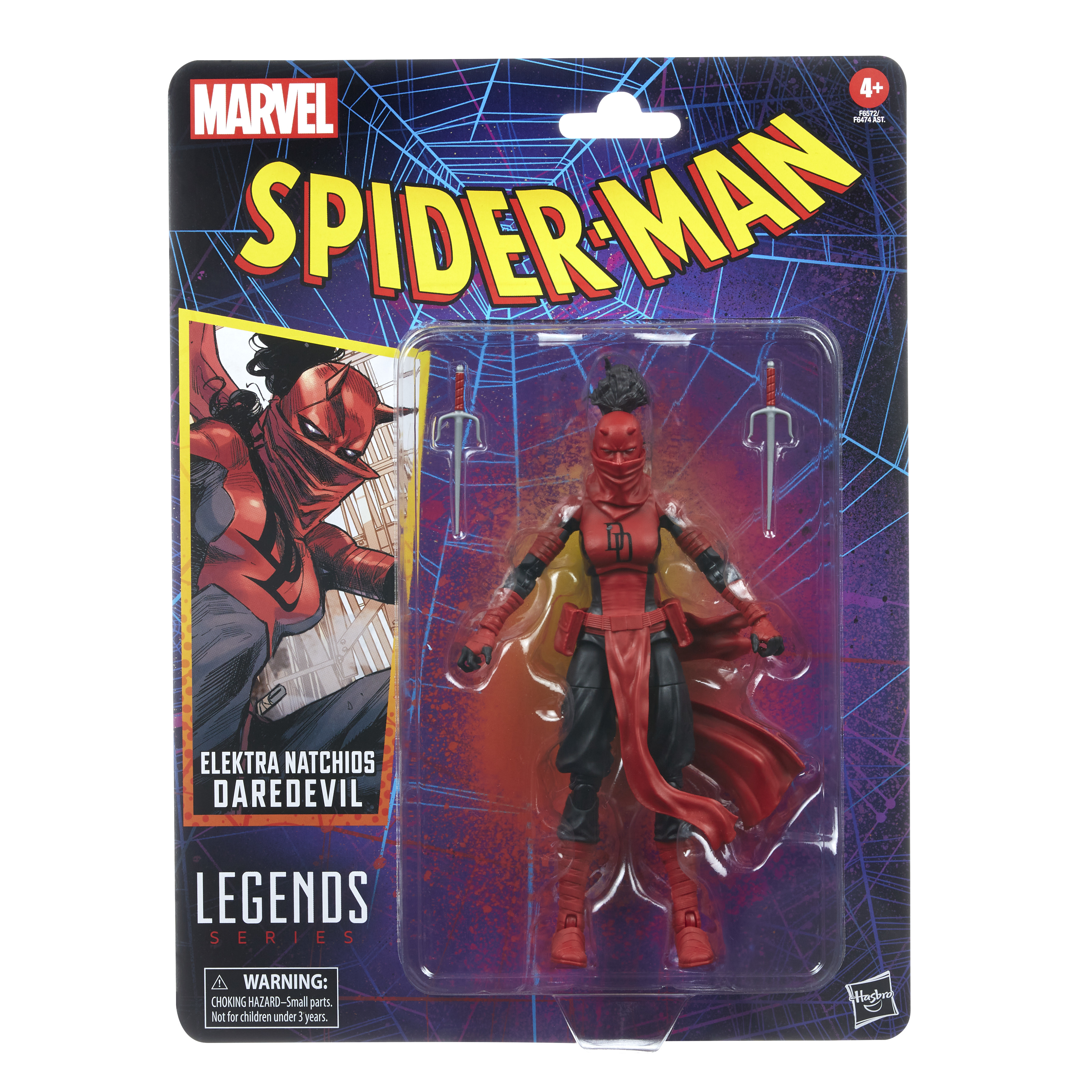 Figura de acción de Spider-Man en embalaje. Traje rojo y negro con espadas.