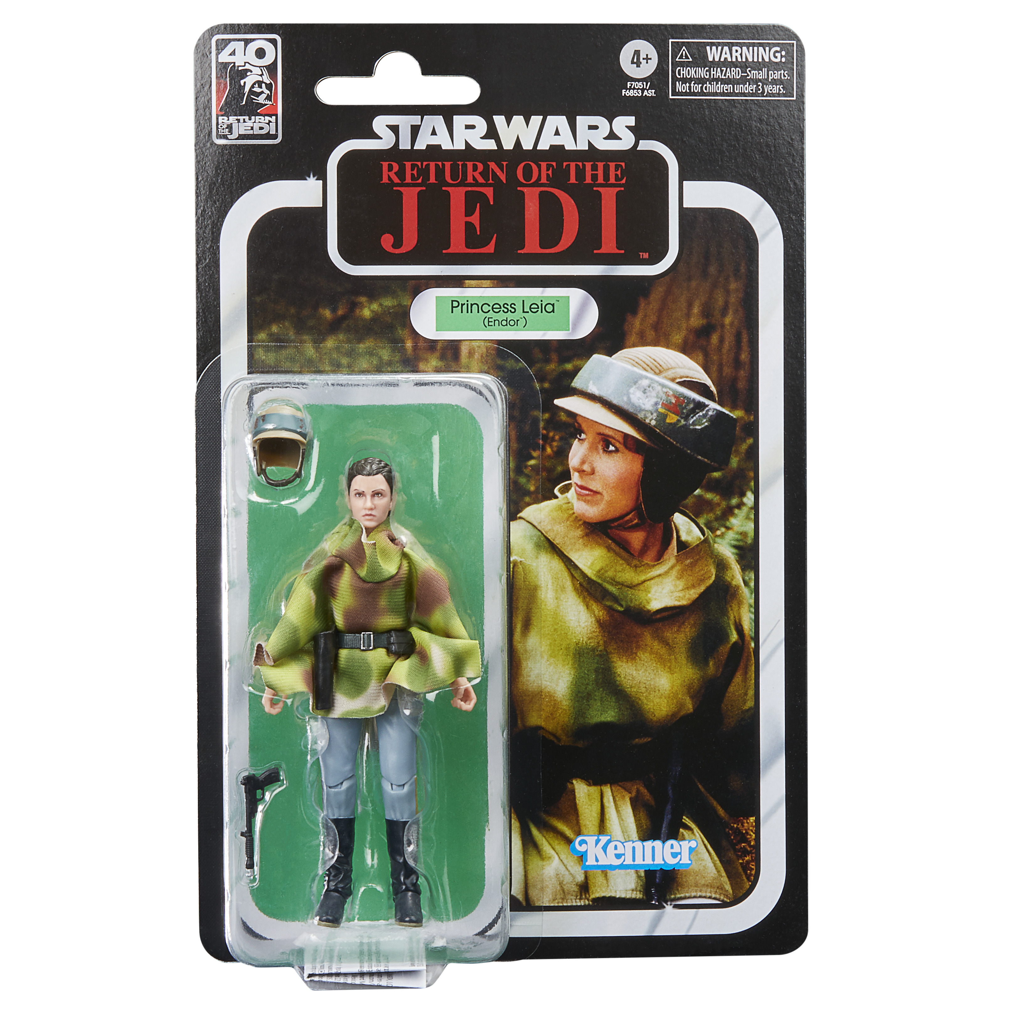 Figura de acción de la Princesa Leia de Star Wars en embalaje. Foto de Leia con casco. Verde y marrón.