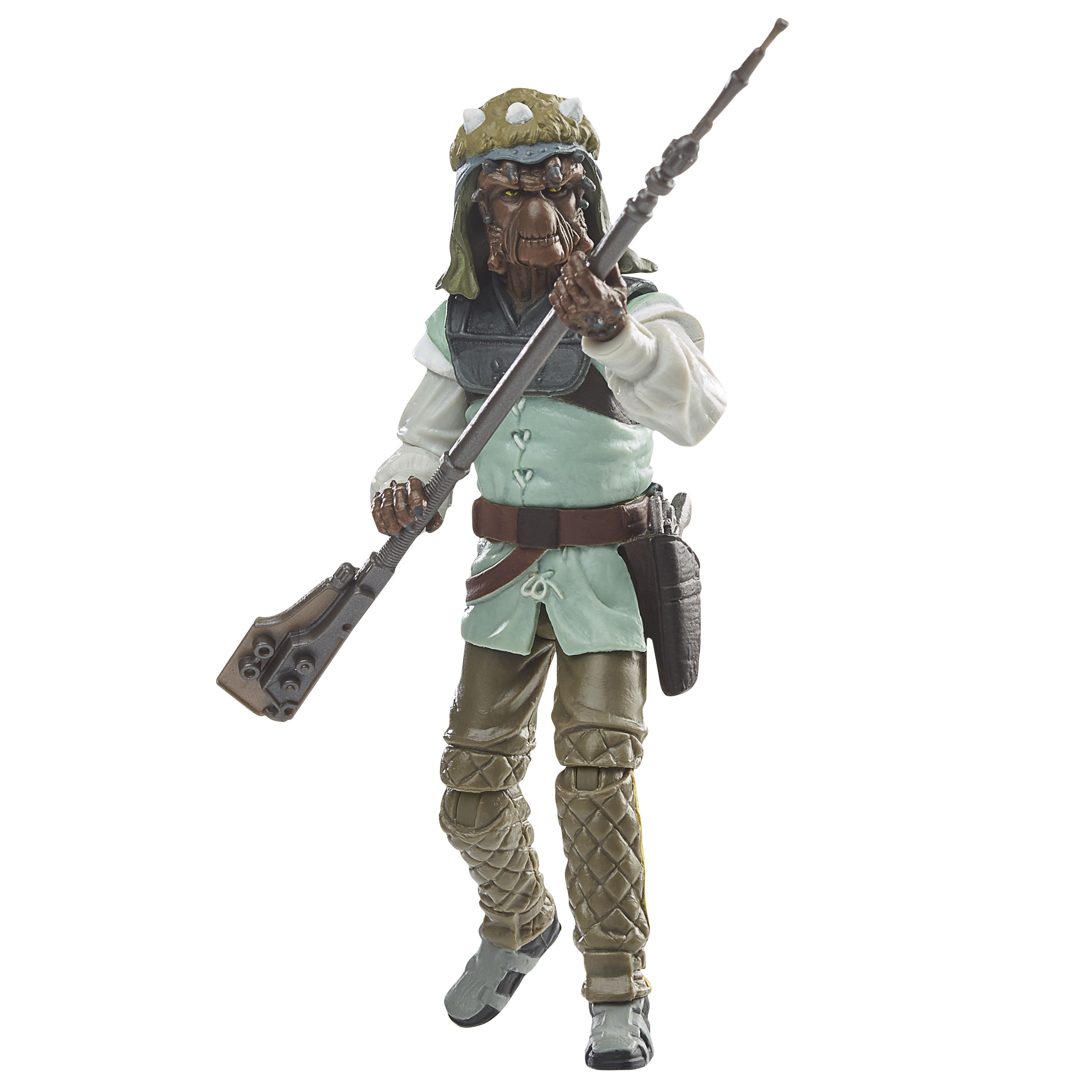Eine Star Wars-Figur eines braunen Aliens, der ein Gewehr hält. Er trägt einen Hut und eine Weste.