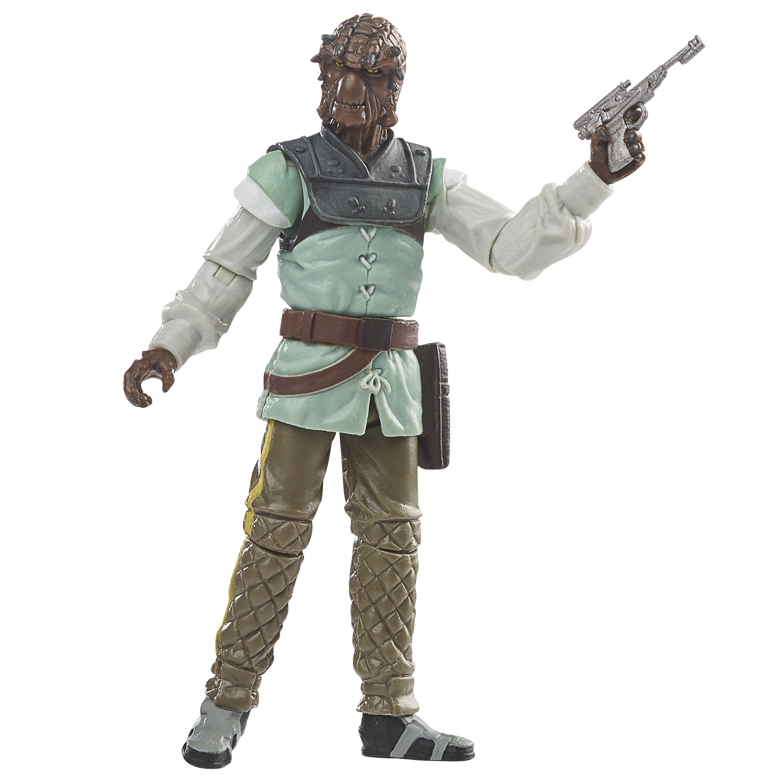 Star Wars Figur. Braunhäutiger Alien mit Blaster, grüner Tunika.