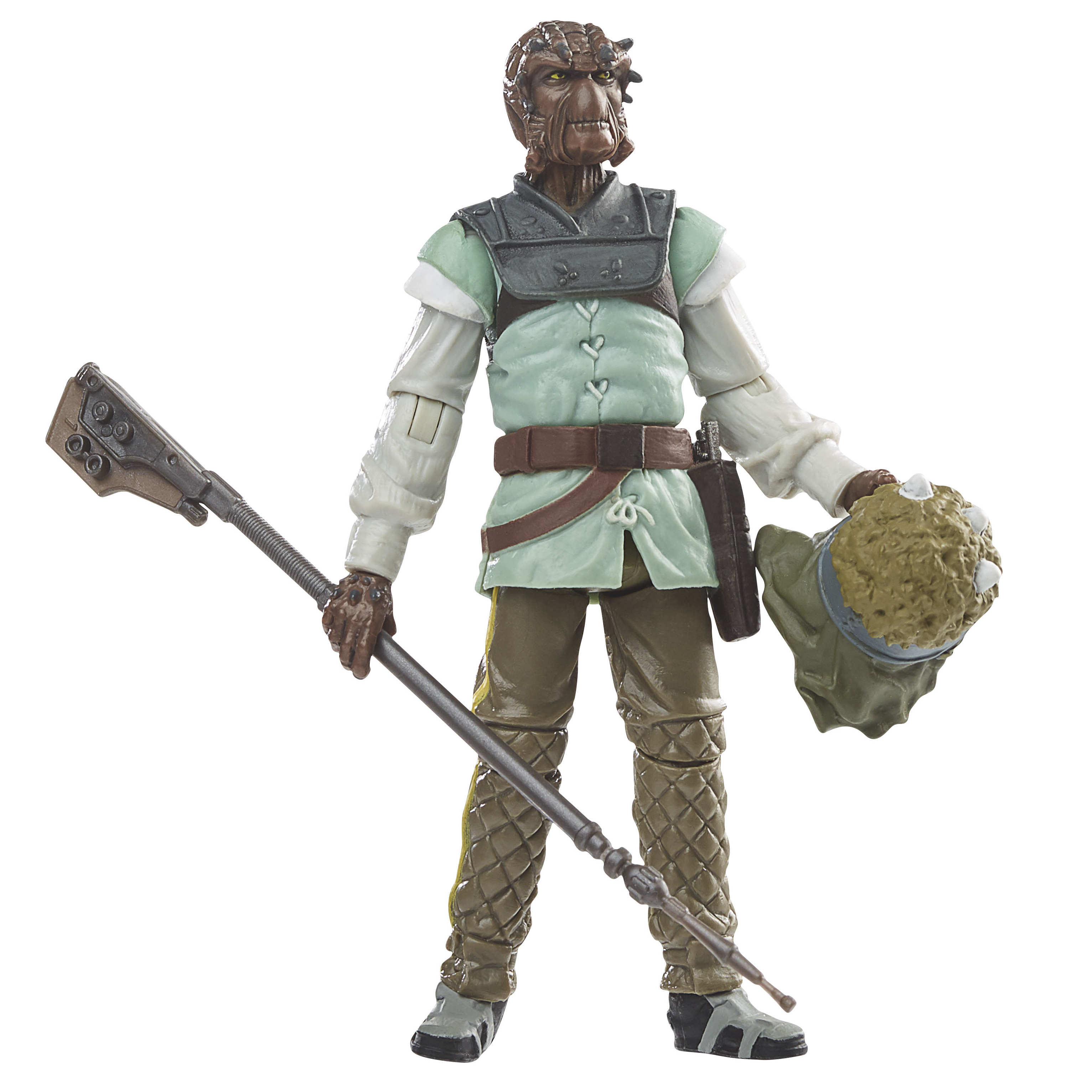 Star Wars Figur, die einen Stab und einen Helm hält. Braune Haut, grüne und weiße Kleidung.