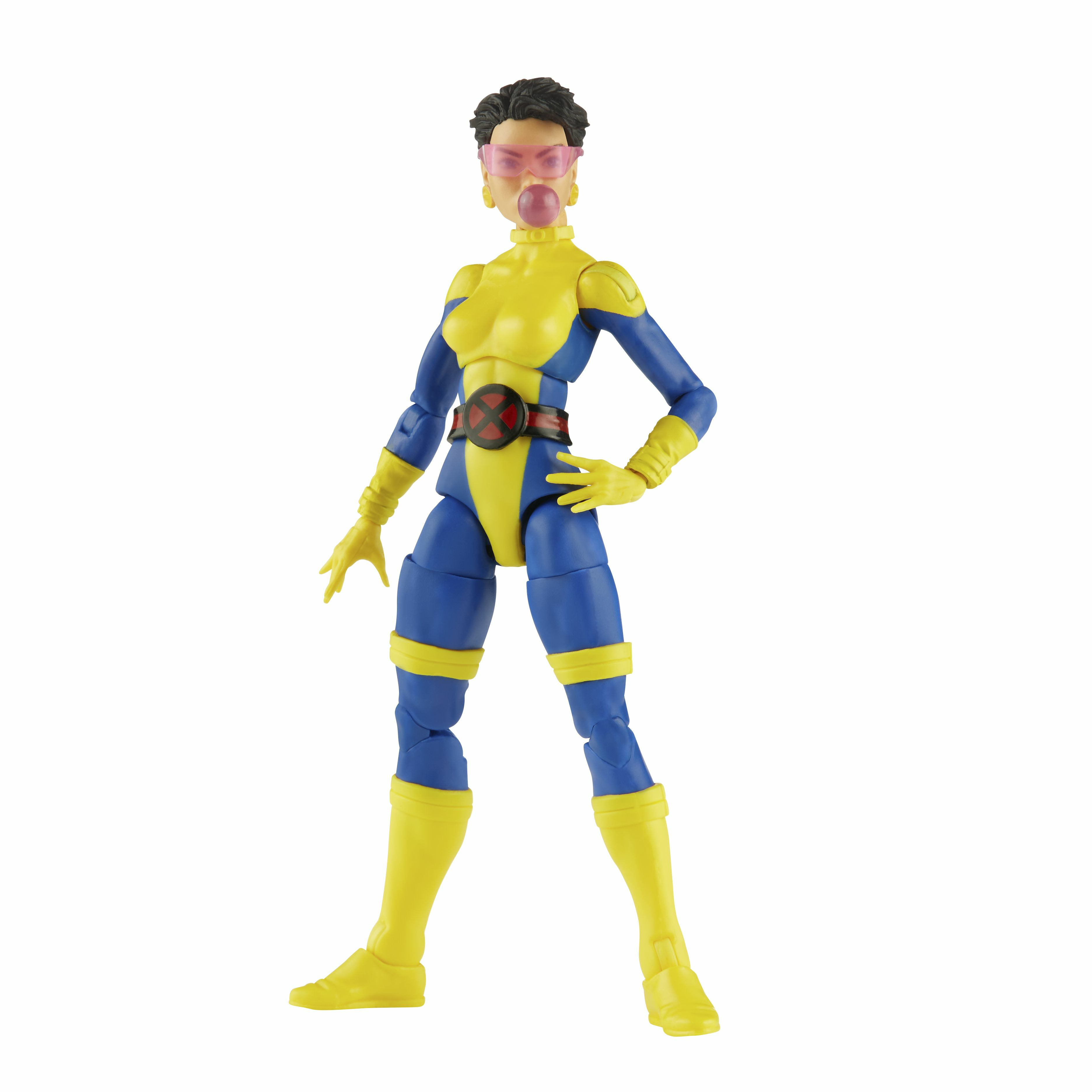 Figurka kobiety w żółto-niebieskim kostiumie, różowej gumie do żucia i żółtych butach.