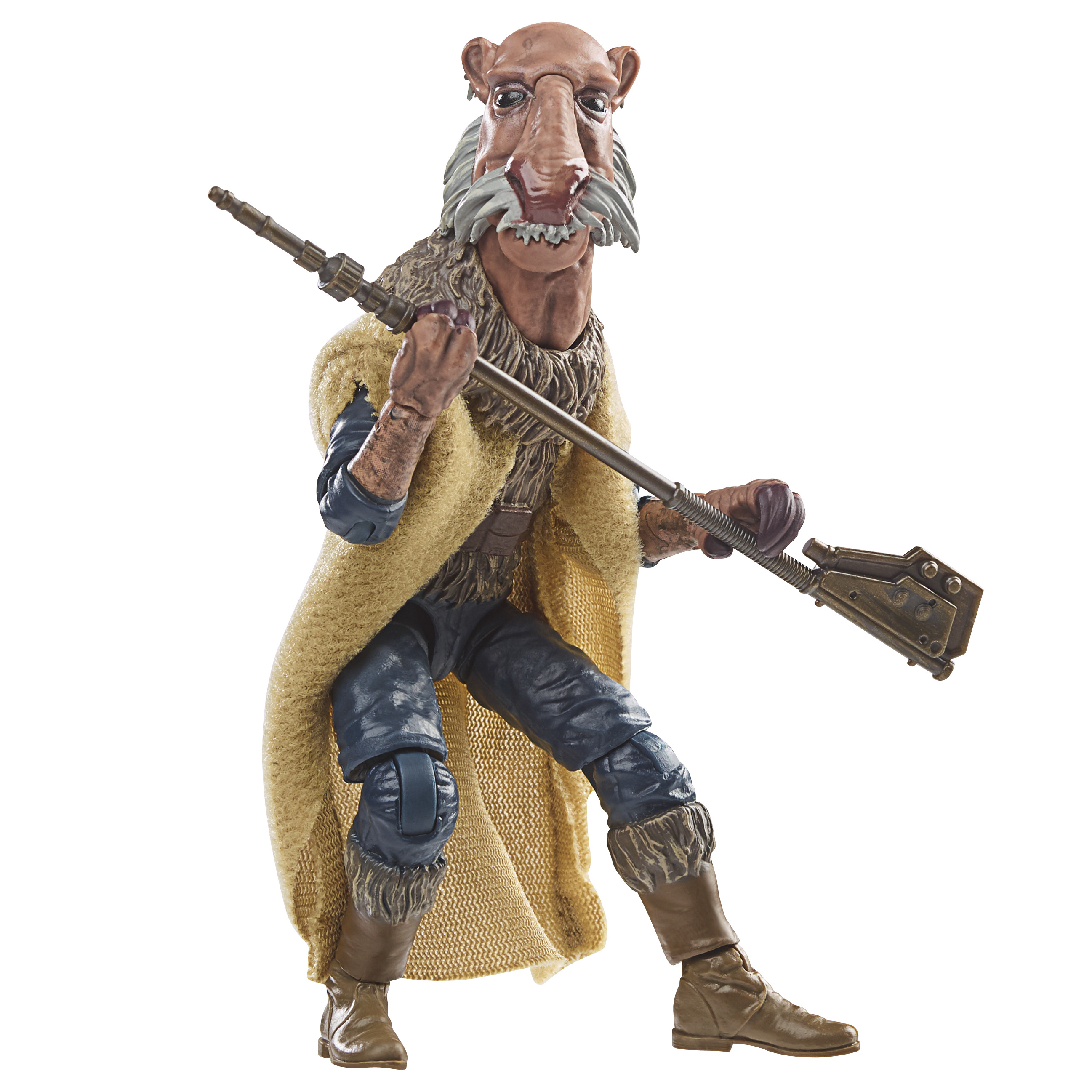 Una figura di creatura con un cappotto beige e pantaloni blu che tiene un bastone, su sfondo bianco.
