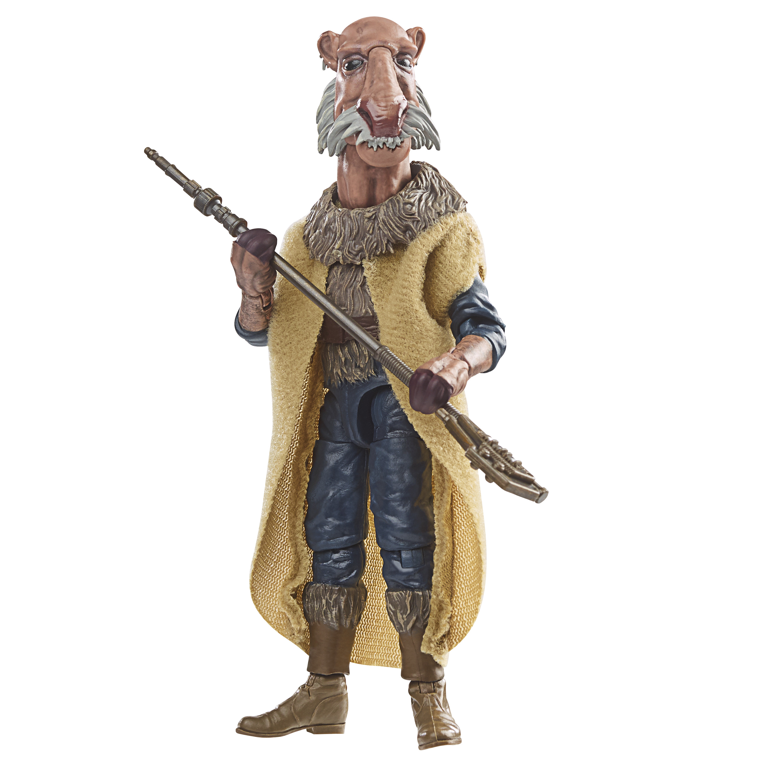 Action figure di una creatura con un lungo cappotto e un bastone. Su sfondo bianco.