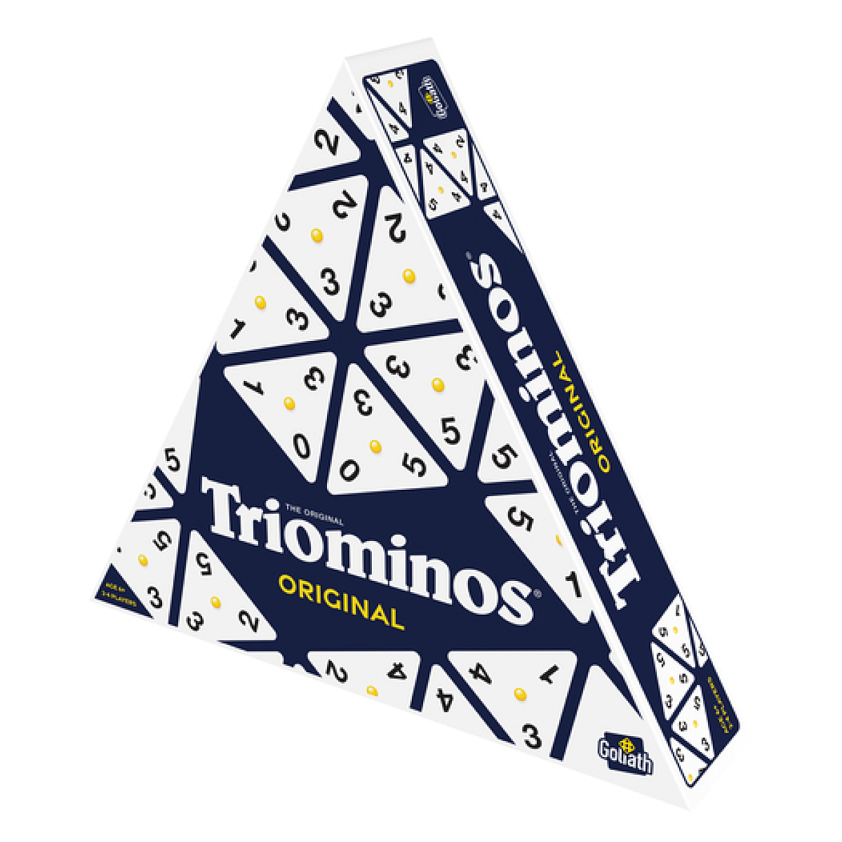 Triominos speldoos, schuine weergave, driehoekige vorm, witte tegels met nummers.