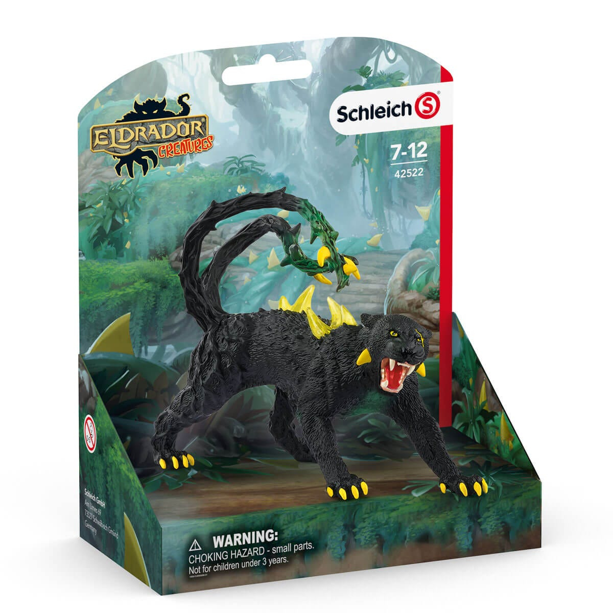 Schwarzes Panther-Spielzeug in einer Box. Der Panther hat gelbe Akzente und offenem Mund.
