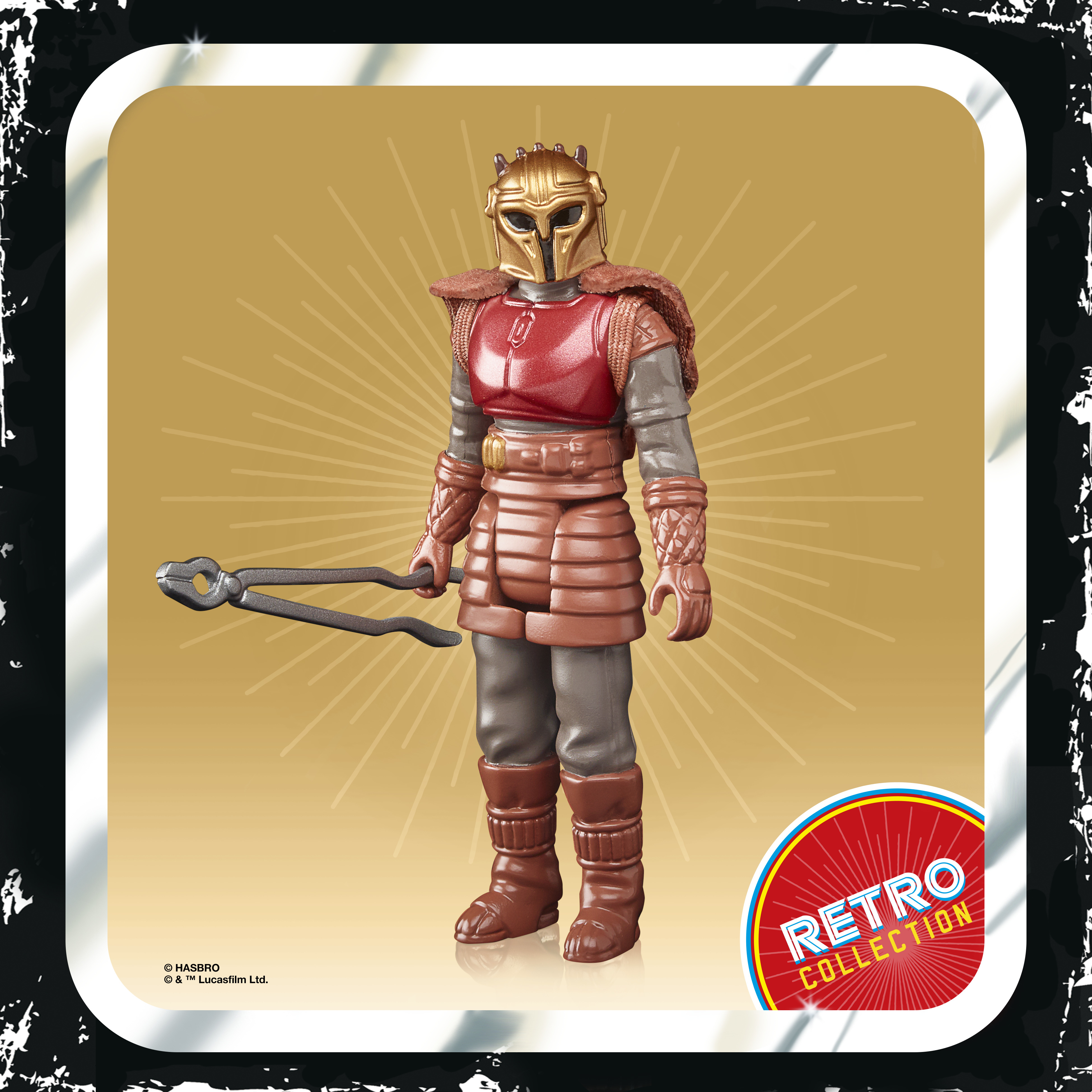 Una figura di Star Wars con petto rosso, armatura marrone e un elmo.