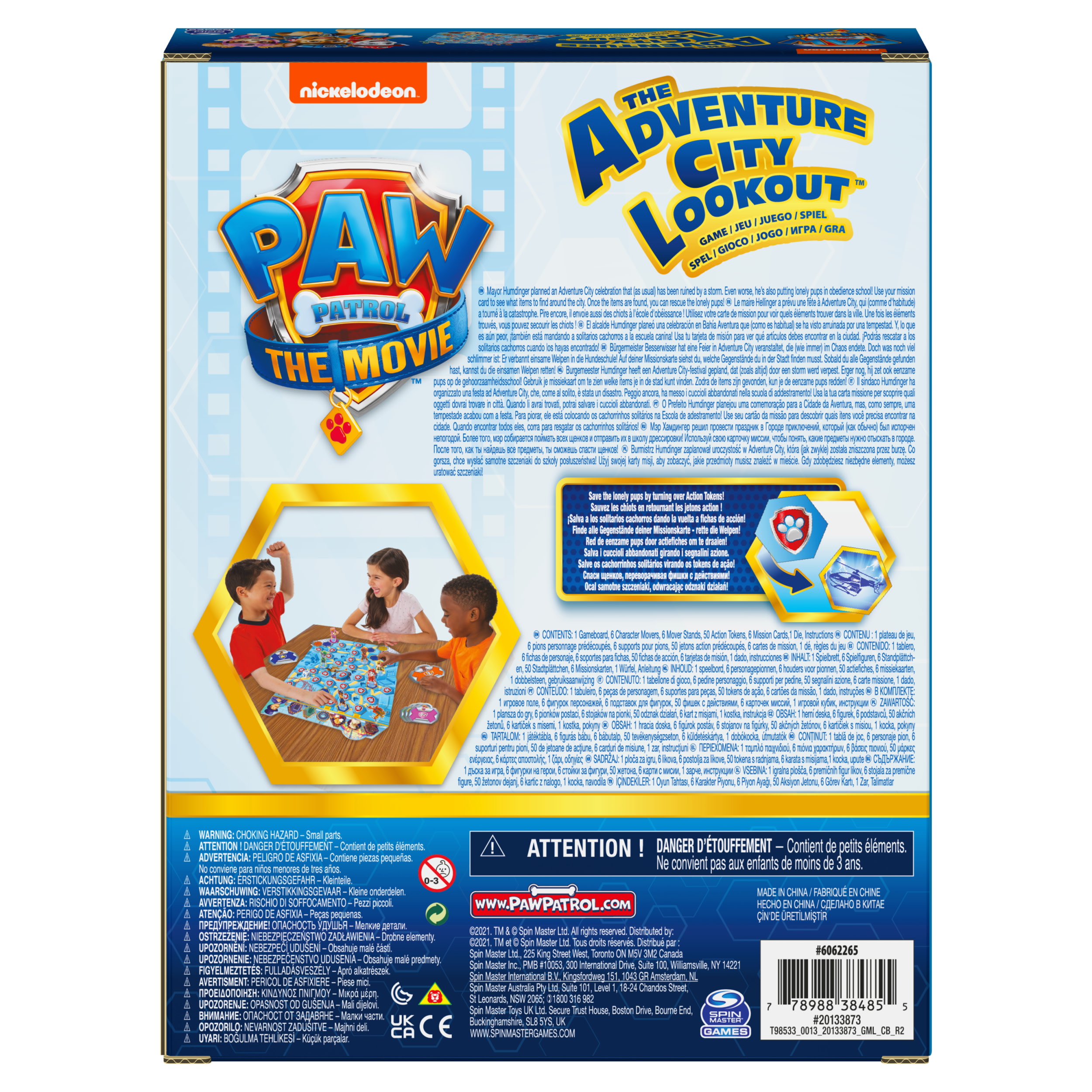 PAW Patrol Brettspiel-Box. Text in mehreren Sprachen. Helle Farben, Cartoon-Stil.