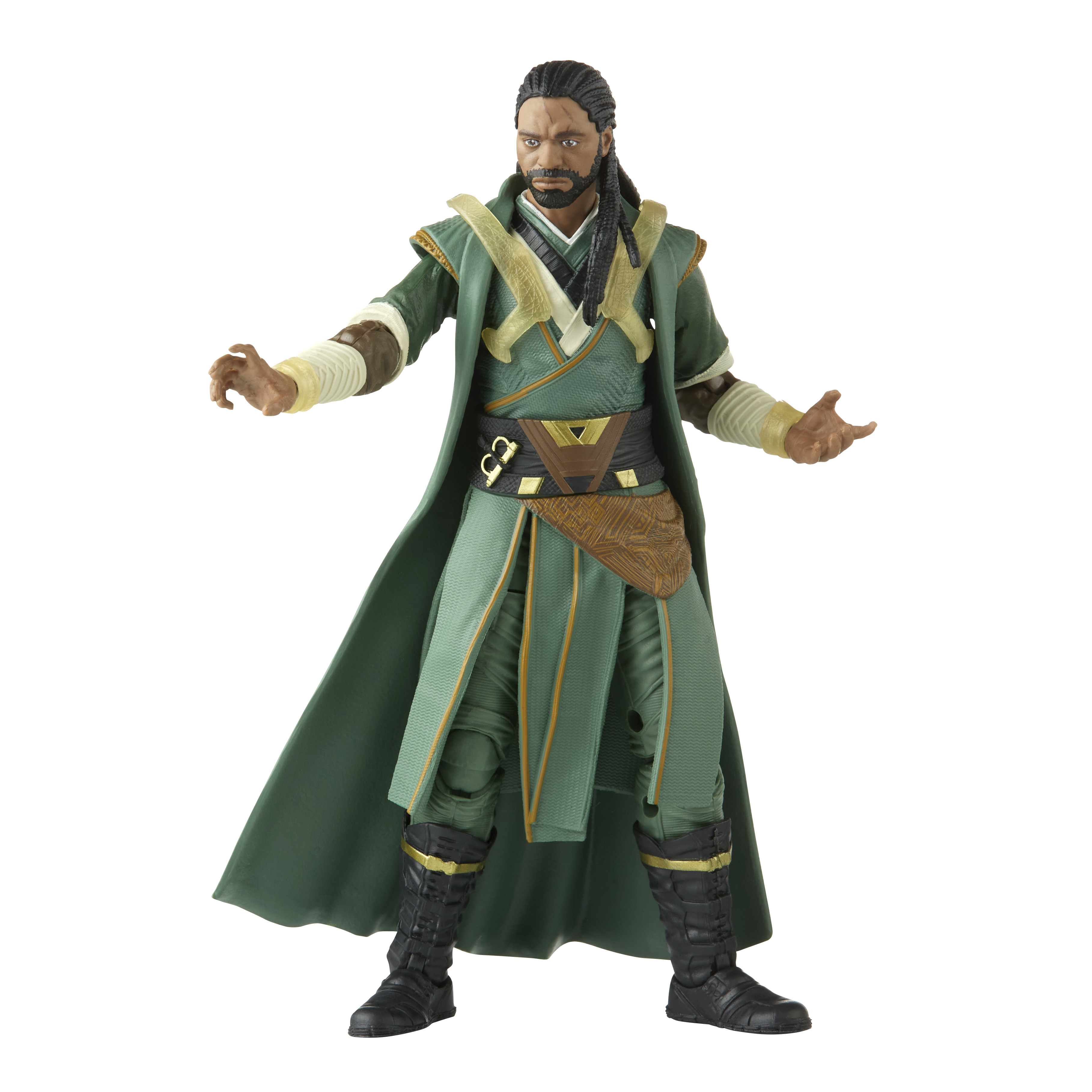 Action figure di un uomo in abito verde con barba, in piedi a braccia aperte. Sfondo bianco.