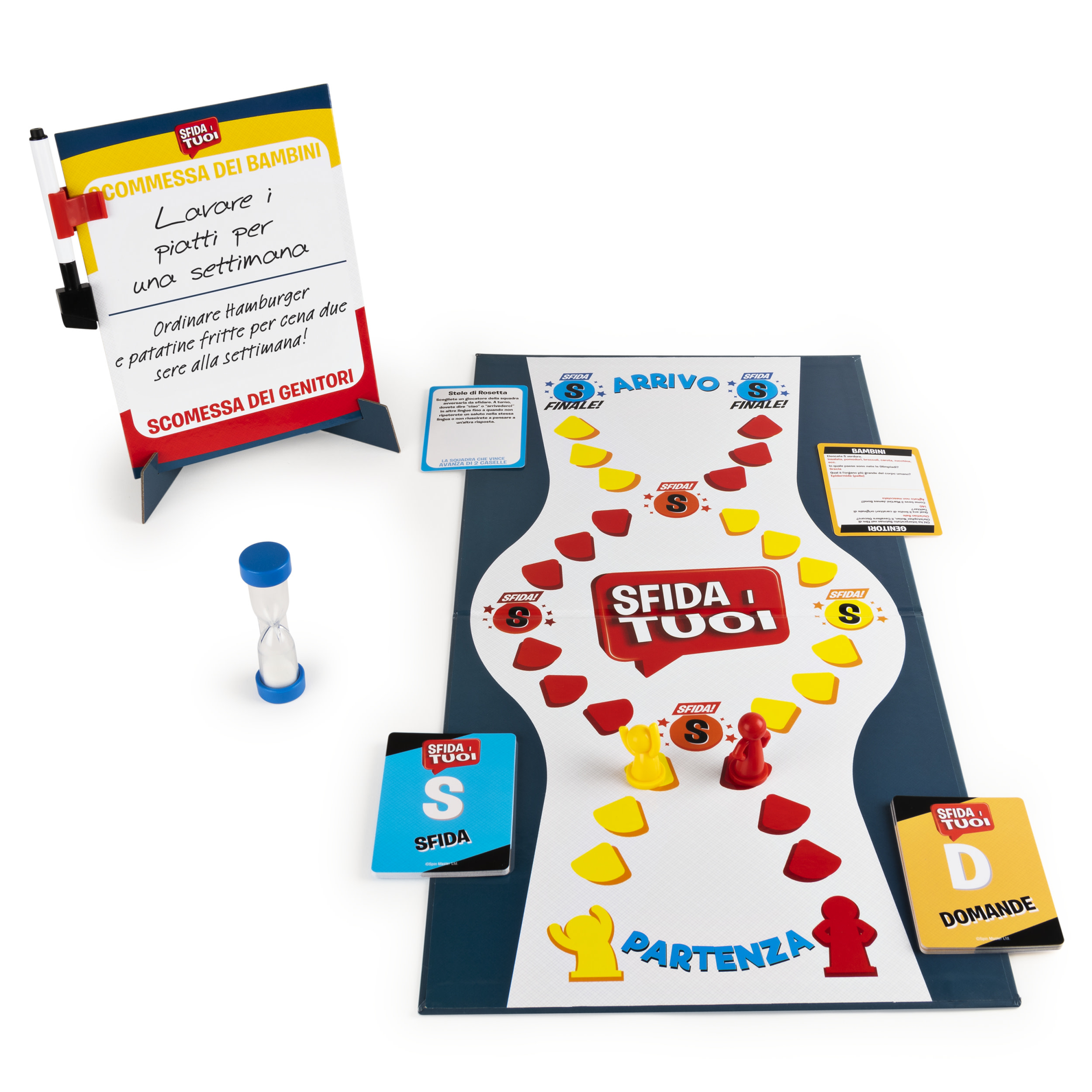 Brettspiel-Setup mit Karten, Spielsteinen, einem Timer und einem Spielbrett, weiße Oberfläche.