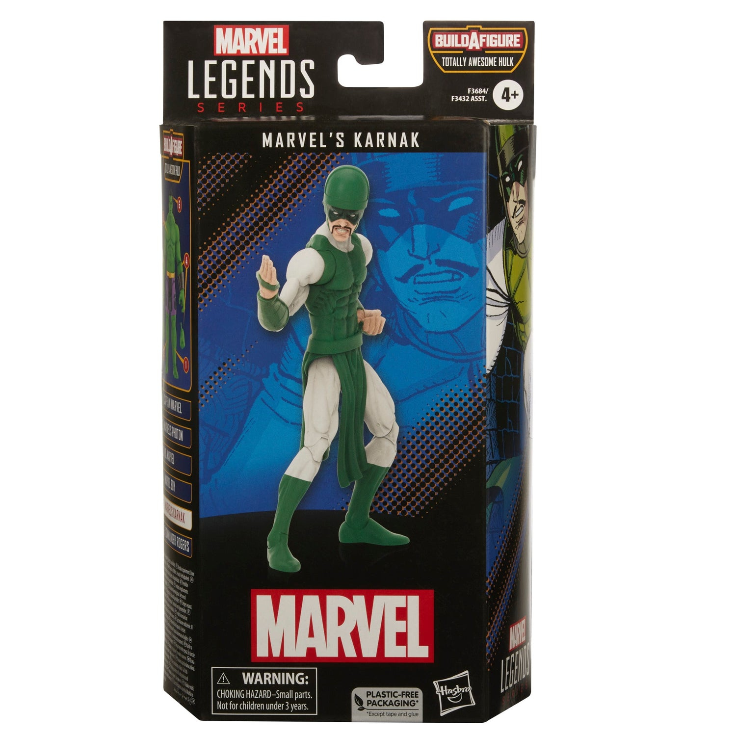 Marvel's Karnak aksiyon figürü ambalajında. Figür yeşil ve beyaz renklerde ve maske takıyor.