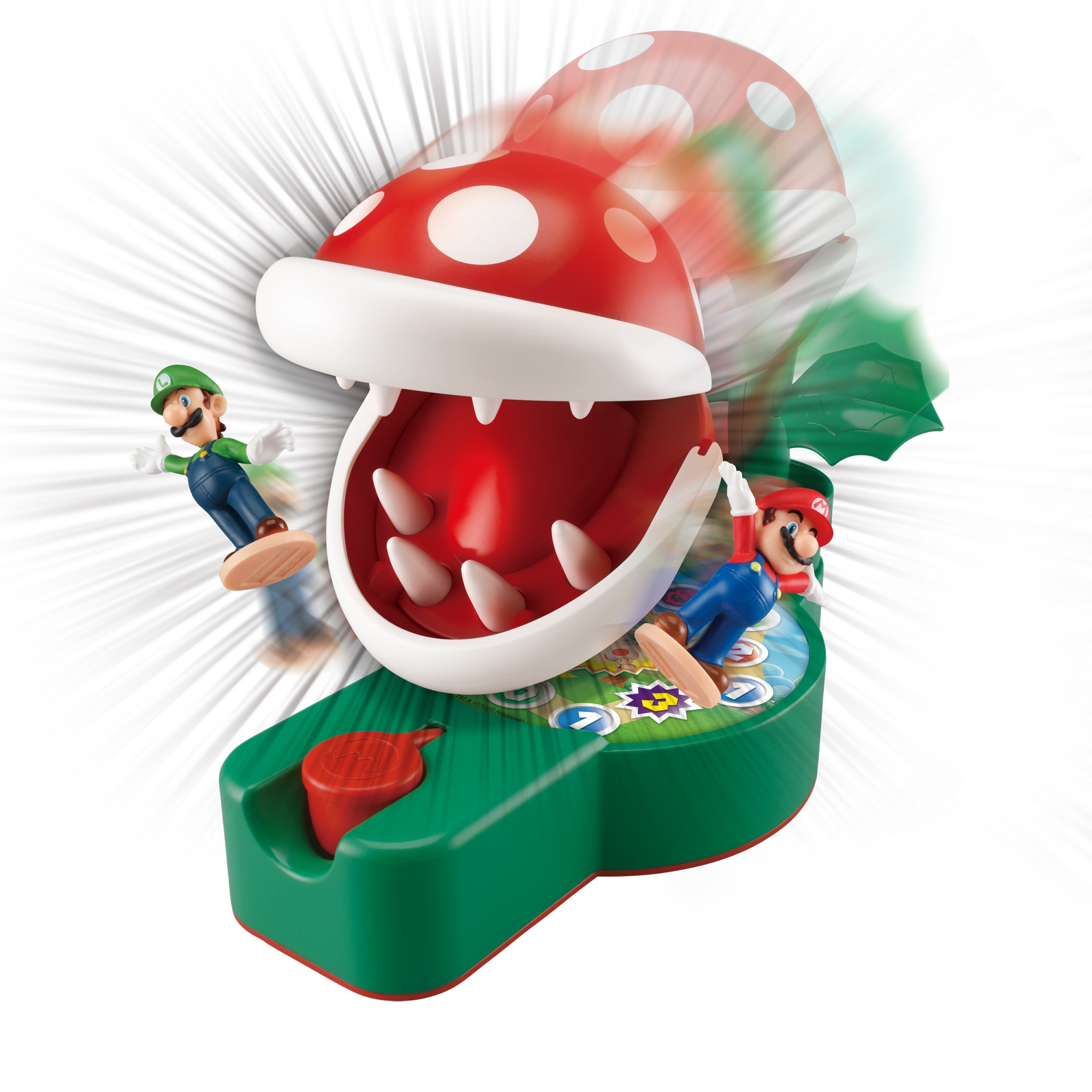 Gra Mario i Luigi. Roślina Piranha kąsa graczy na zielonej podstawie.
