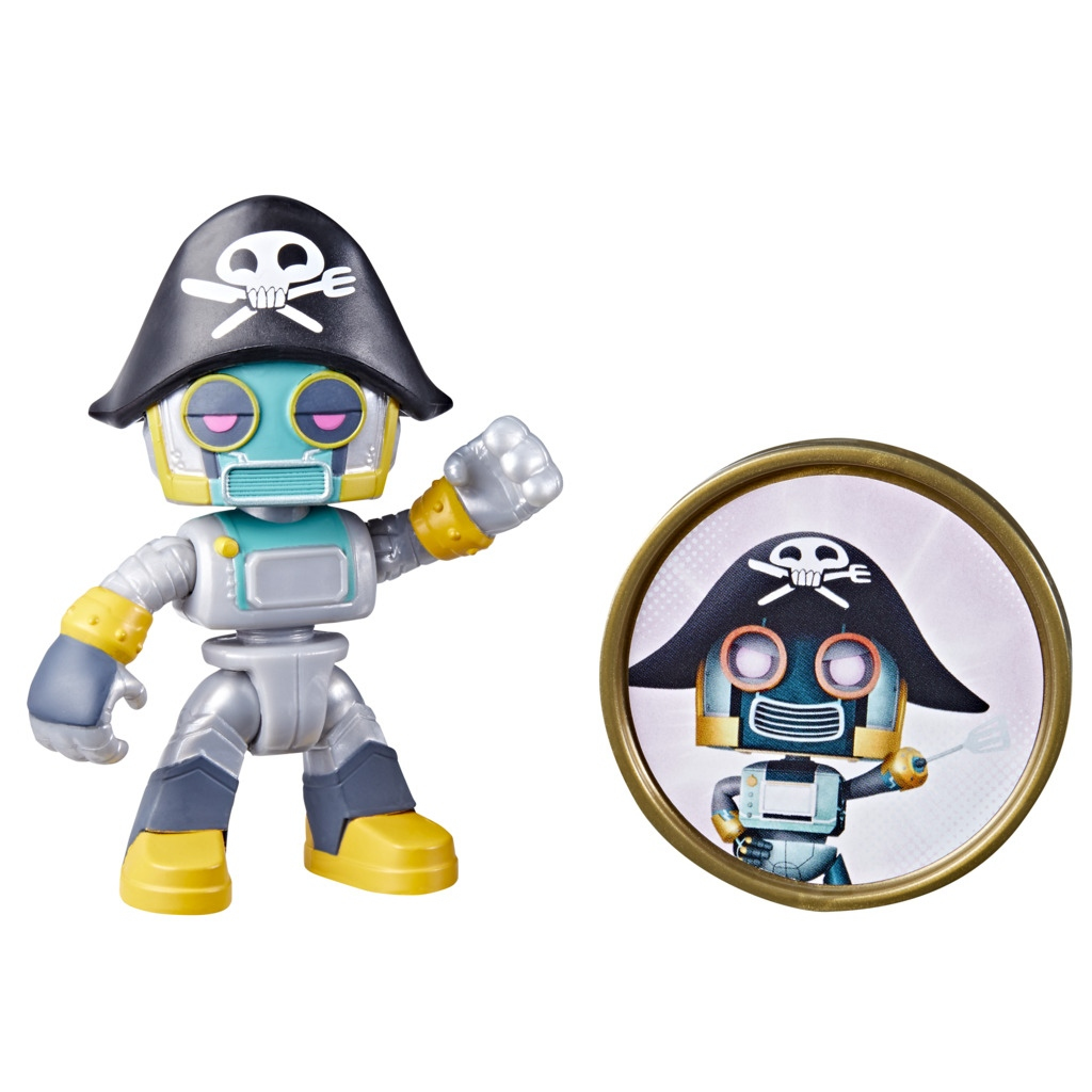 Personaggio PJ Masks Robot Pirata con spada, con immagine in cornice dorata.