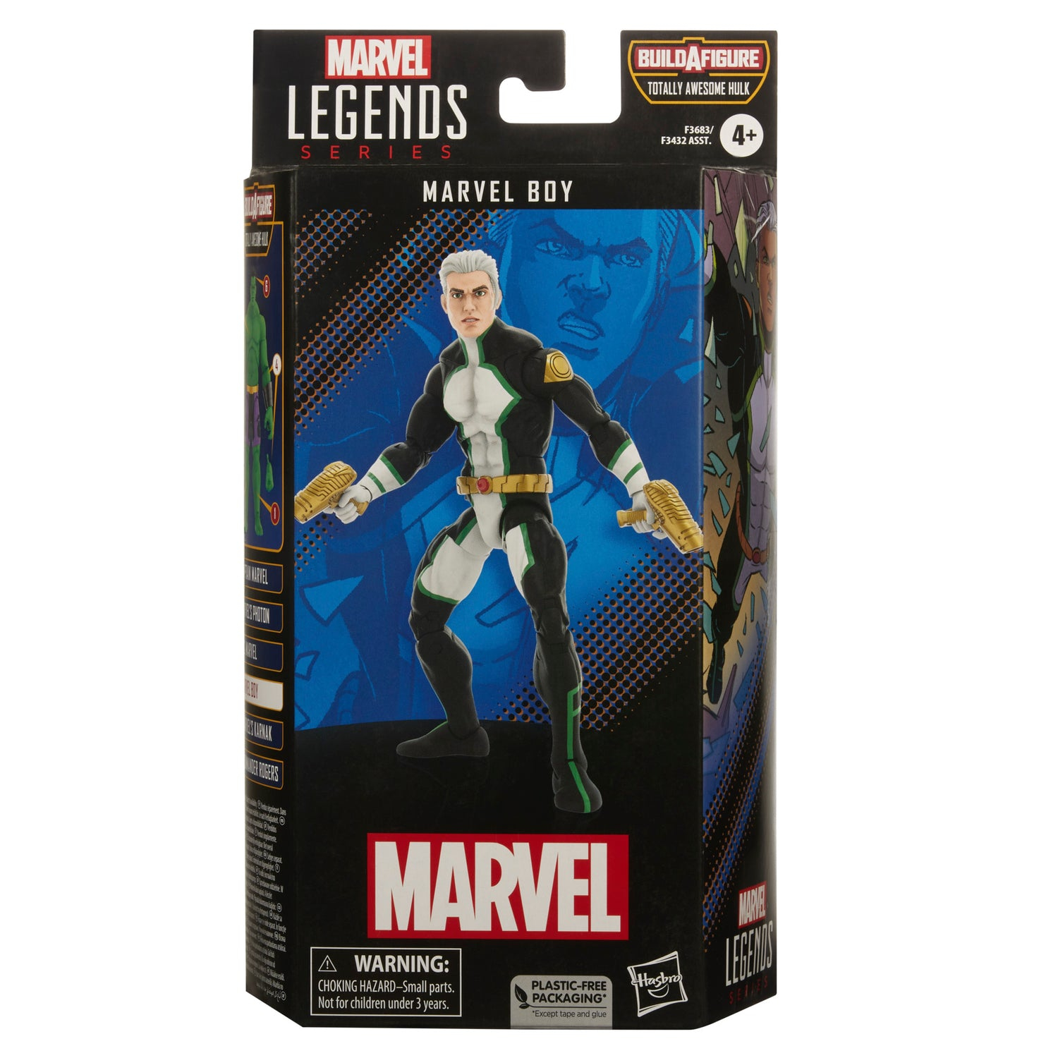 Arte de la caja de la figura de acción de Marvel Boy, con un personaje con un traje negro, blanco y verde.
