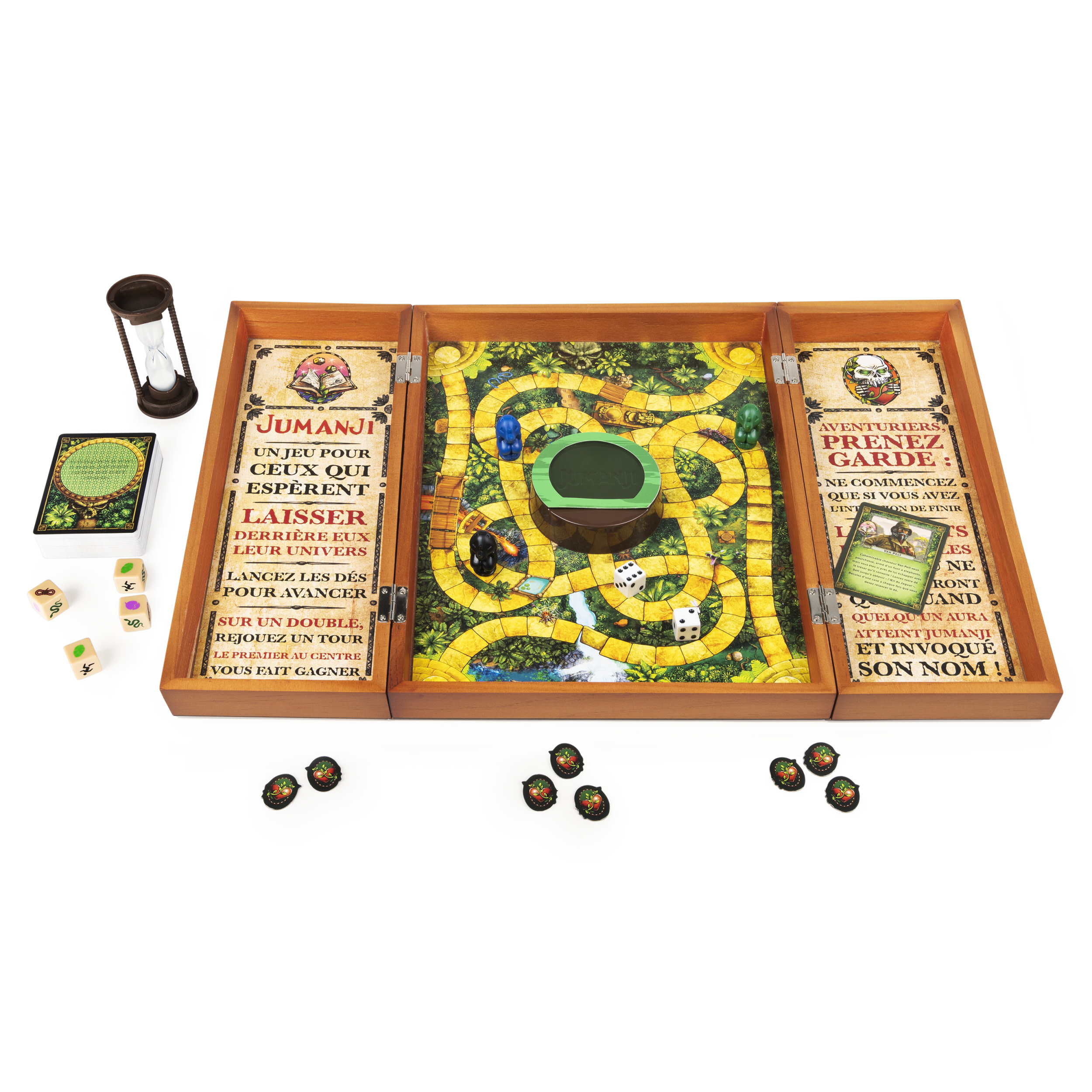 Jumanji Brettspiel geöffnet, zeigt Spielbrett, Würfel, Karten und Timer, alles auf einer weißen Oberfläche.