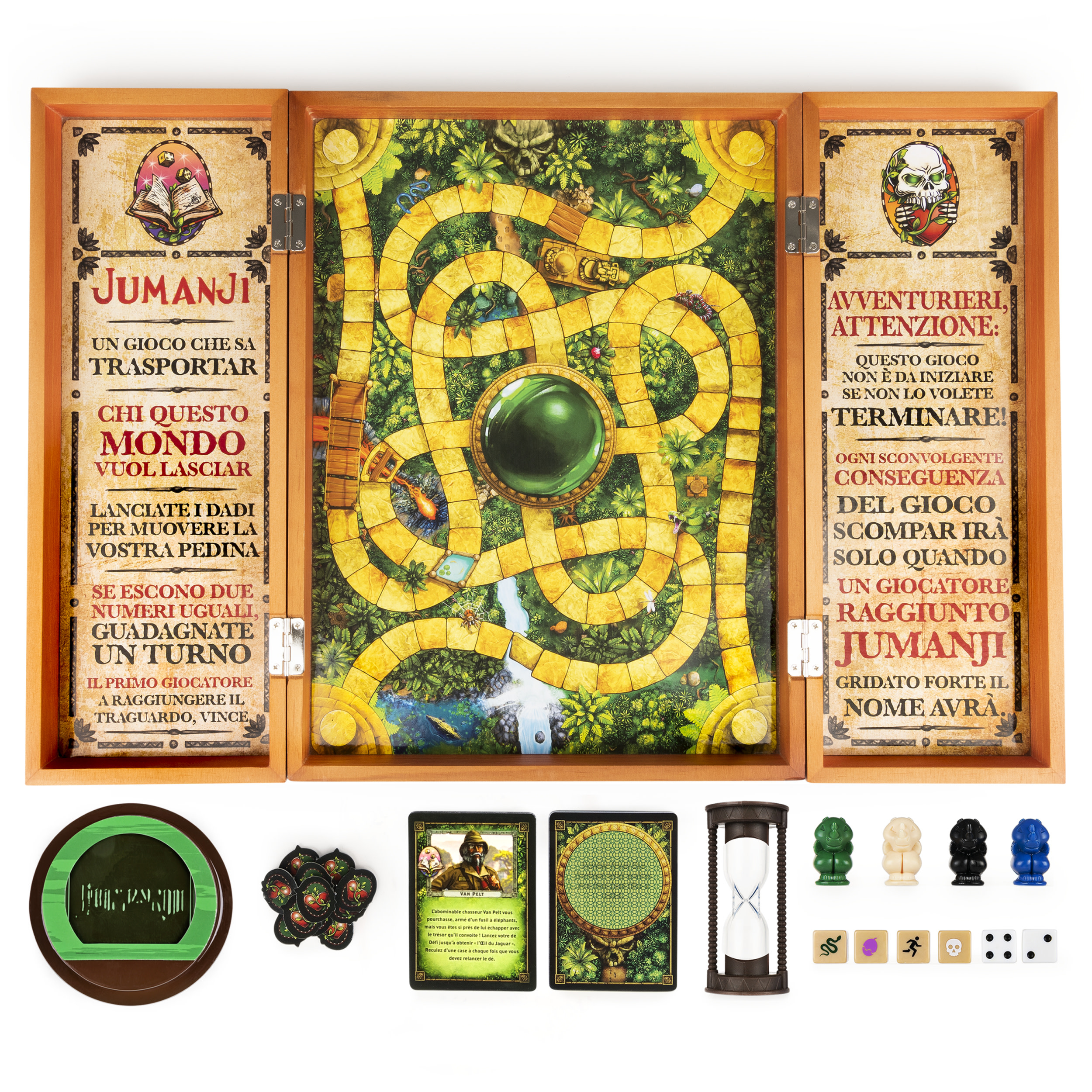 Jumanji-Brettspielset mit zentralem Brett, Würfeln, Spielfiguren und Karten.