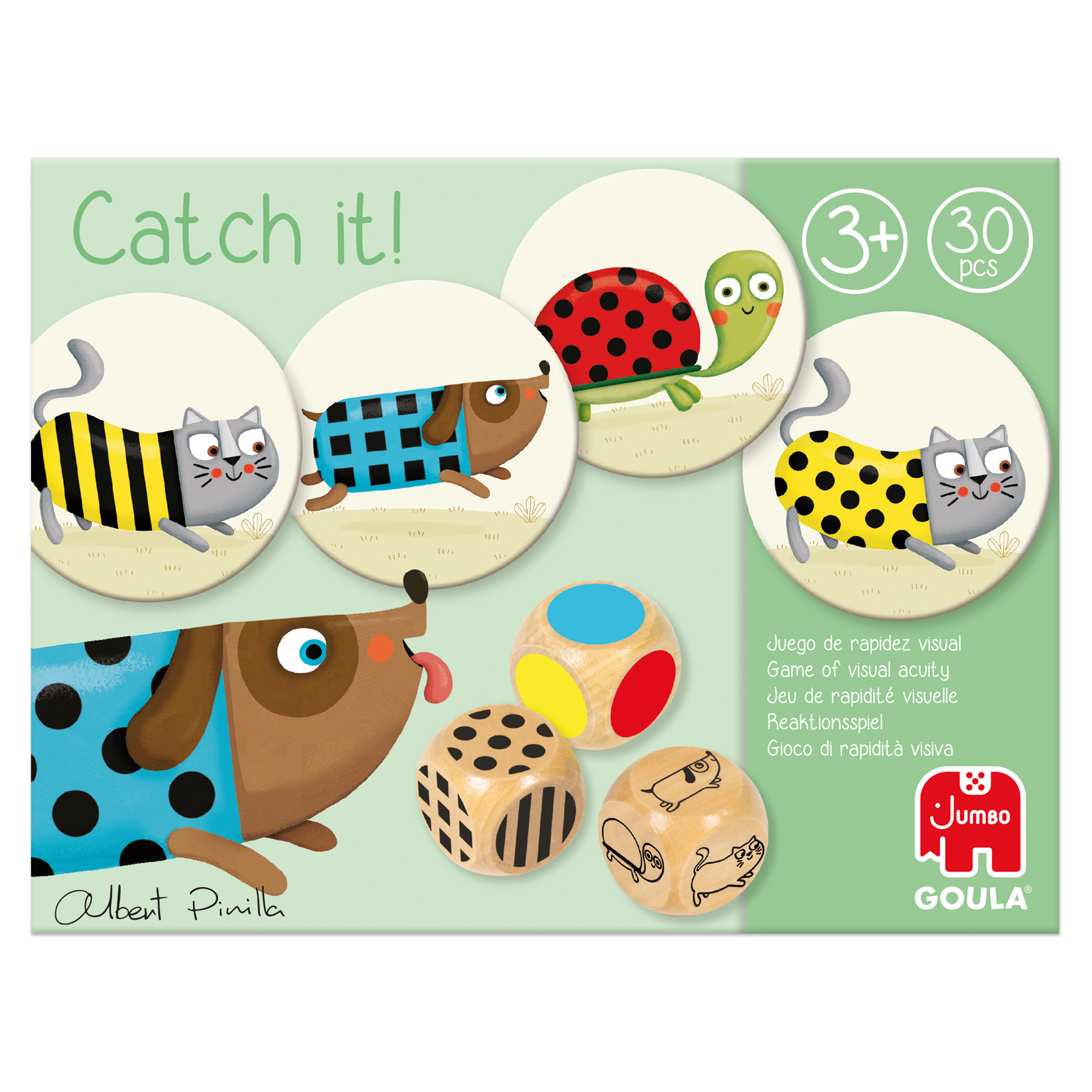 Gra z postaciami zwierząt na okrągłych kartach. Zawiera kostki z różnymi wzorami. Zielone tło.