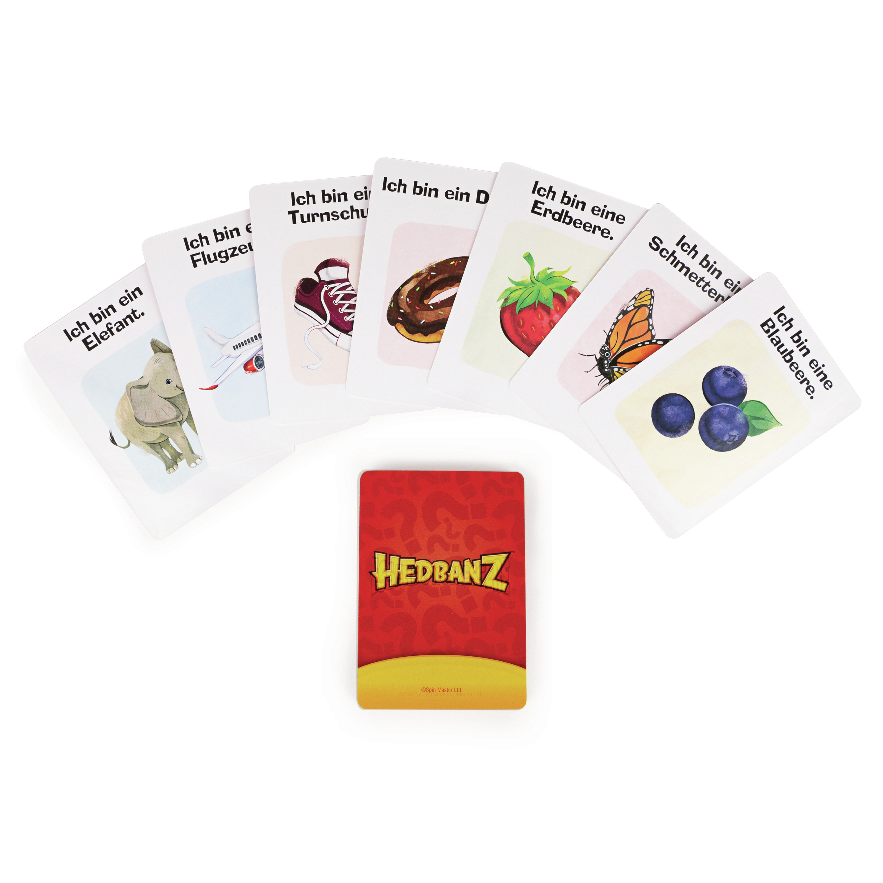 Karten aus dem Spiel Hedbanz.  Jede Karte hat ein Bild und ein Wort auf Deutsch.  Eine rote Karte ist vorne.