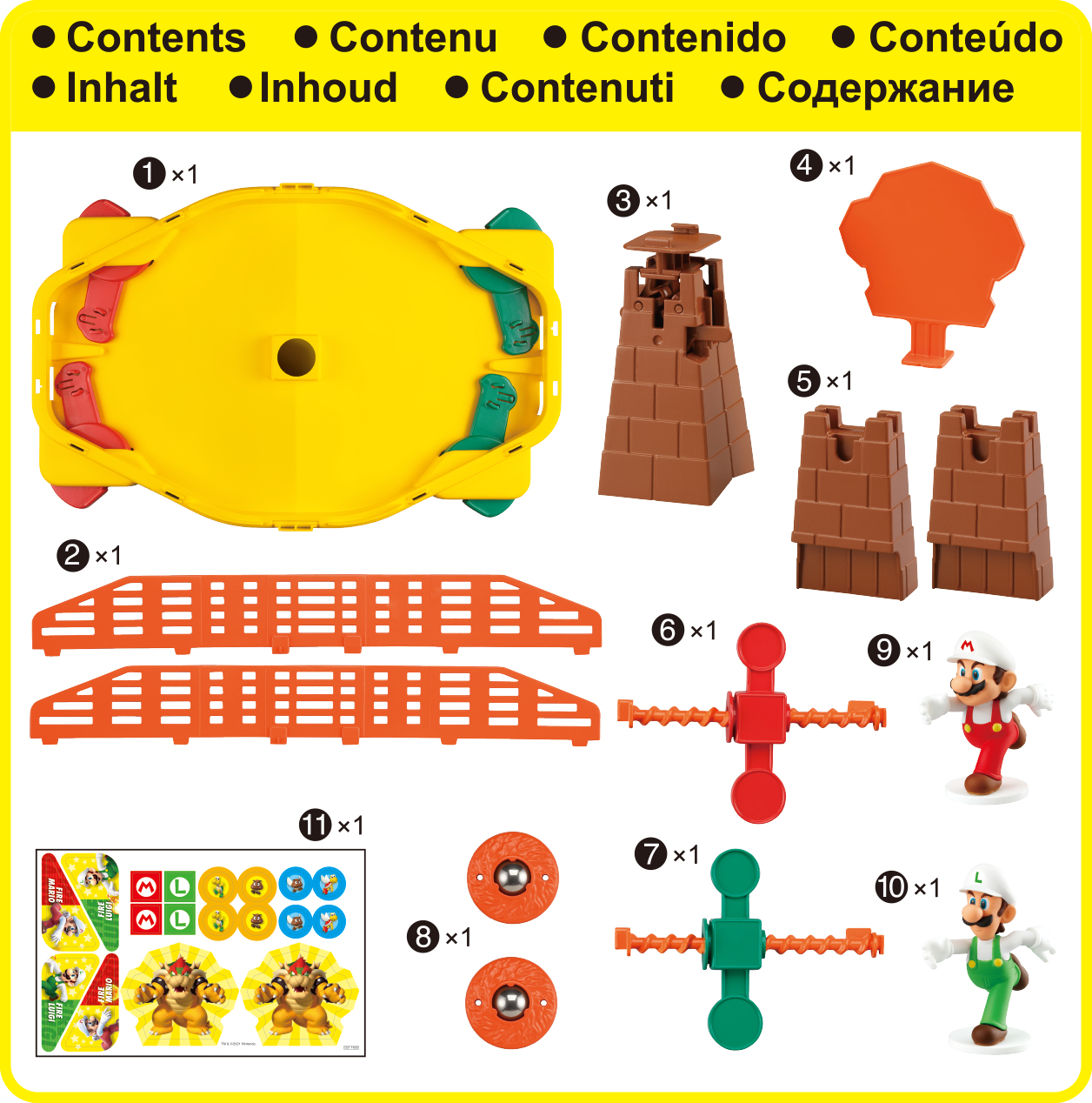 Contenido de un juego. Incluye varias piezas, pegatinas e instrucciones.