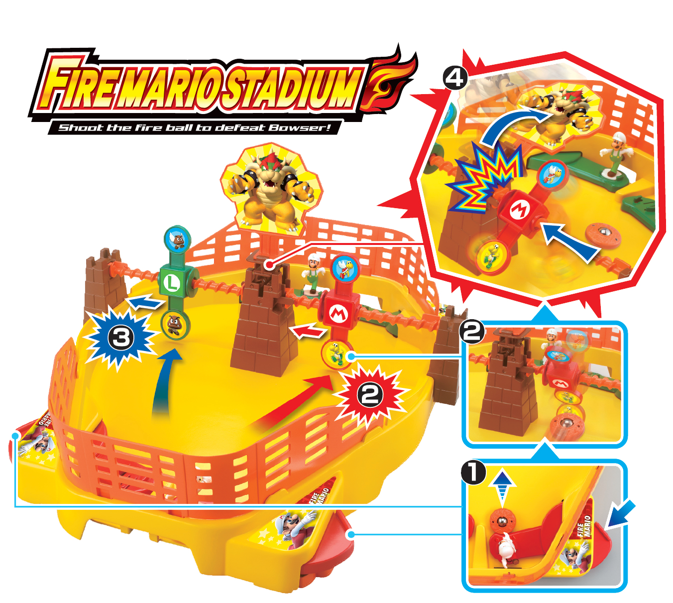 Juego Fire Mario Stadium que muestra varias etapas de juego, con personajes y obstáculos en un estadio.
