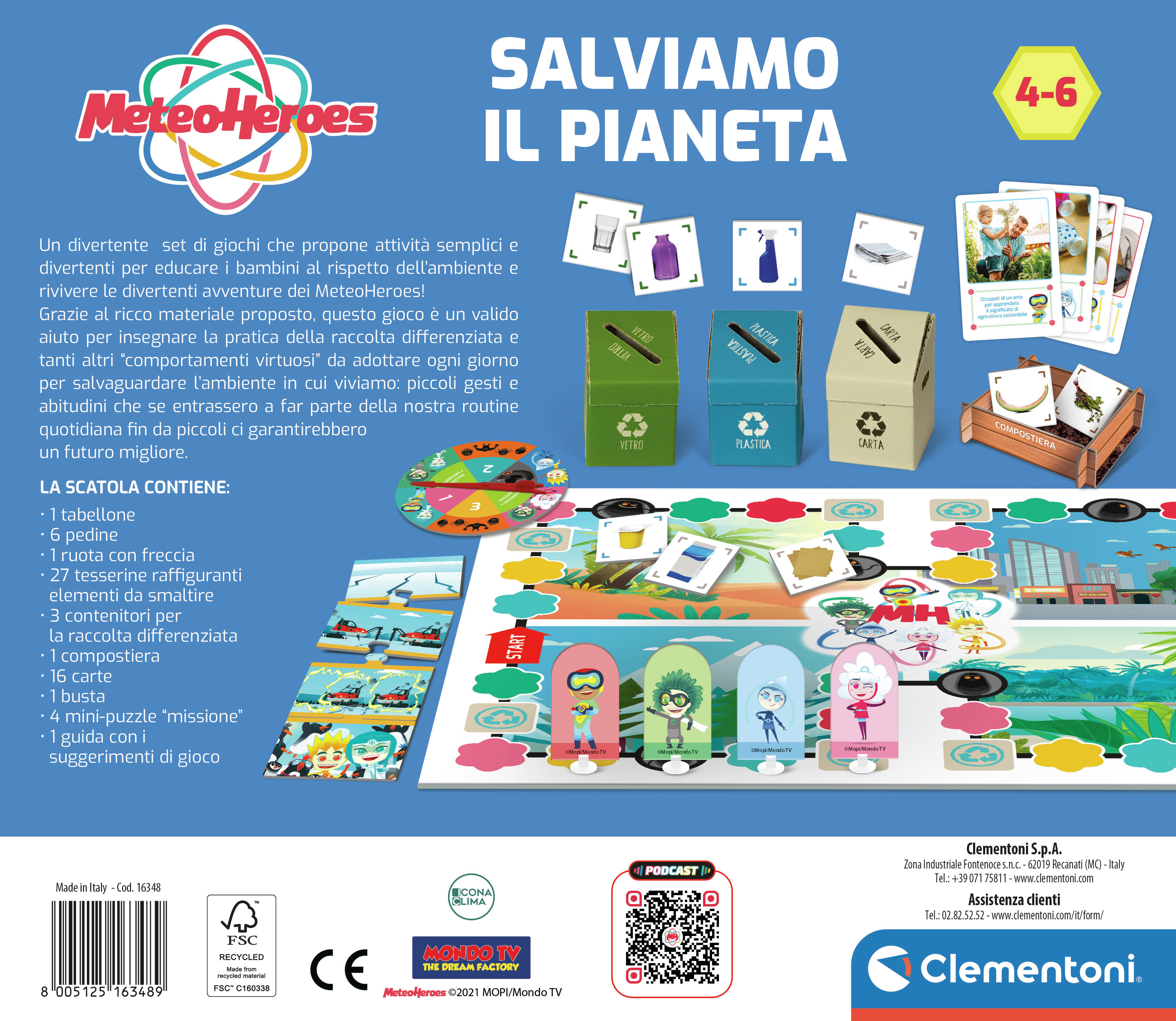 Ein Brettspielkarton mit dem Titel 'Salviamo il Pianeta' mit Spielsteinen und Figuren.