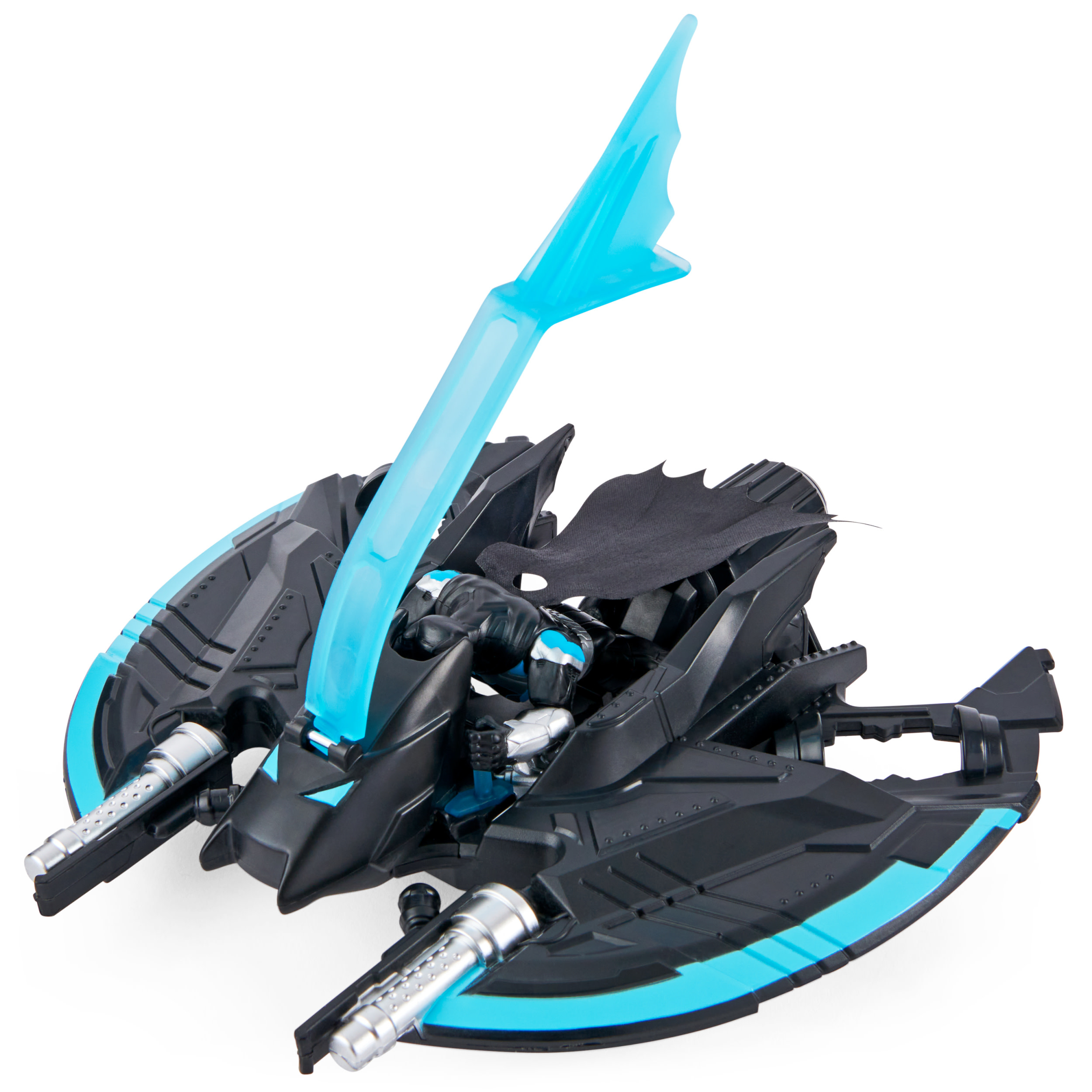 Batman-Spielzeugfahrzeug mit blauem Heckflügel, Figur darin. Schwarze und blaue Akzente.
