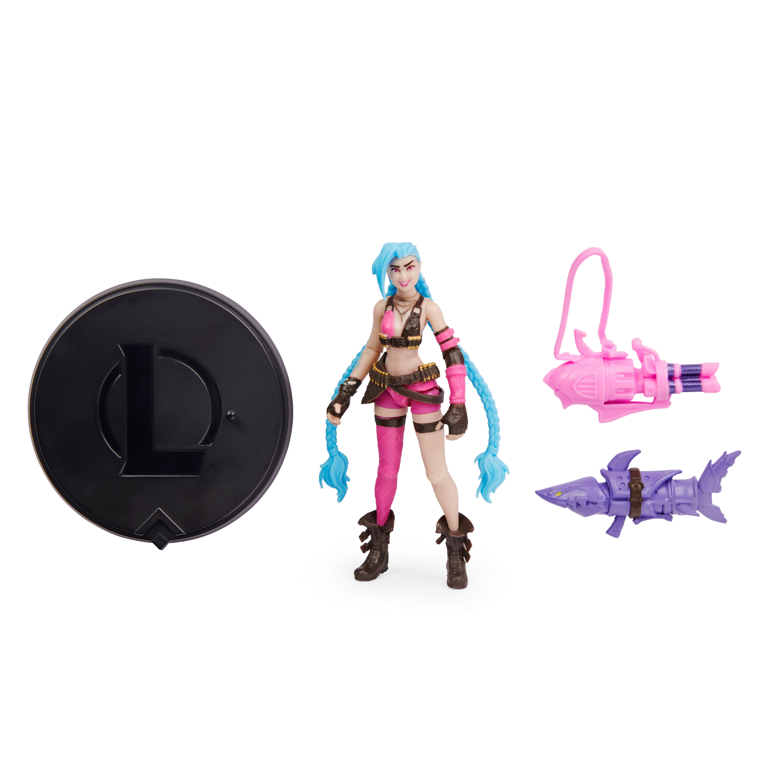 Jinx Figur aus League of Legends, mit Zubehör: eine Waffe, eine Haifischkanone und ein Ständer.