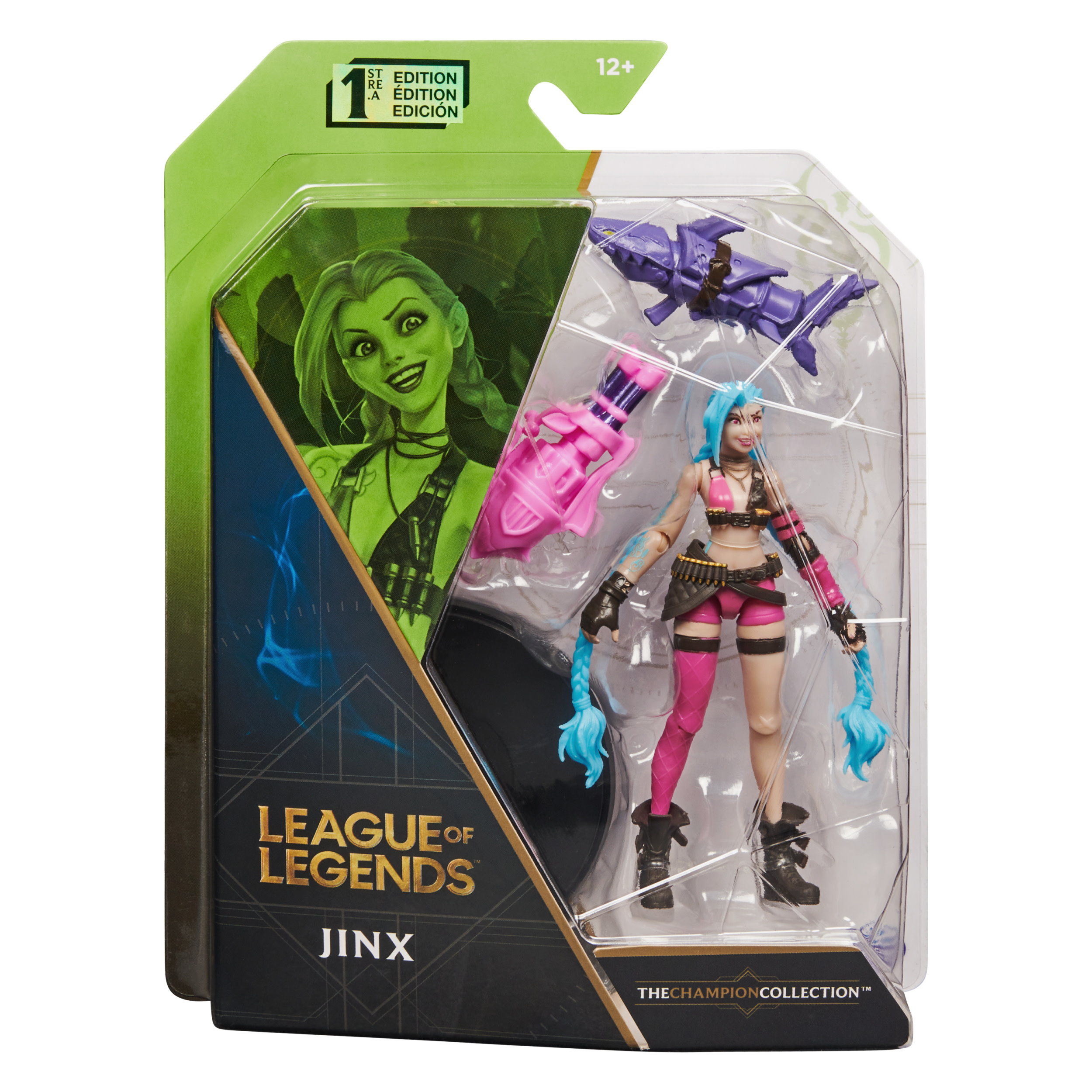 Jinx-Actionfigur in einer Verpackung, mit dem Spiel-Logo auf der Vorderseite.