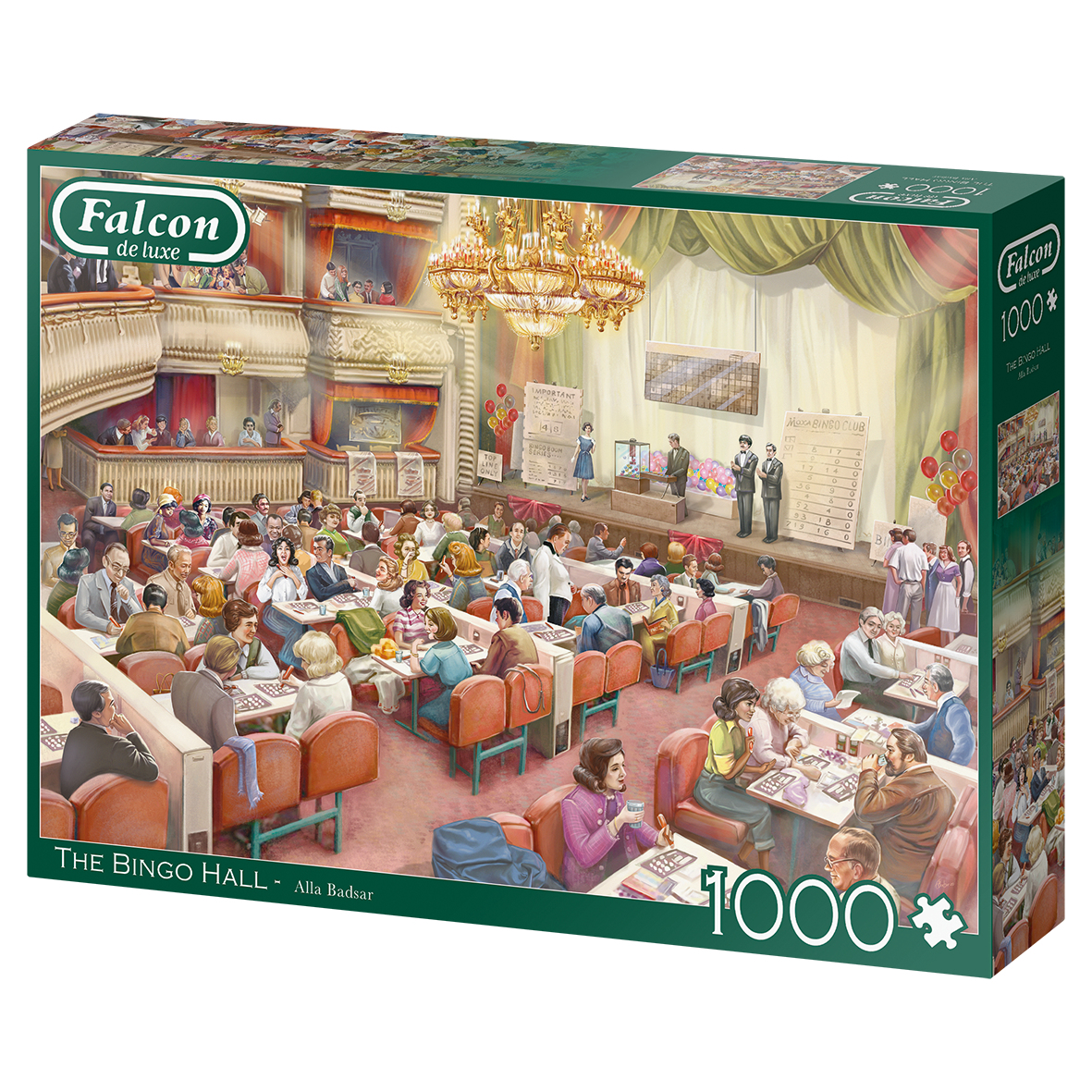 Una caja de rompecabezas con una pintura de una escena de salón de bingo con mucha gente.