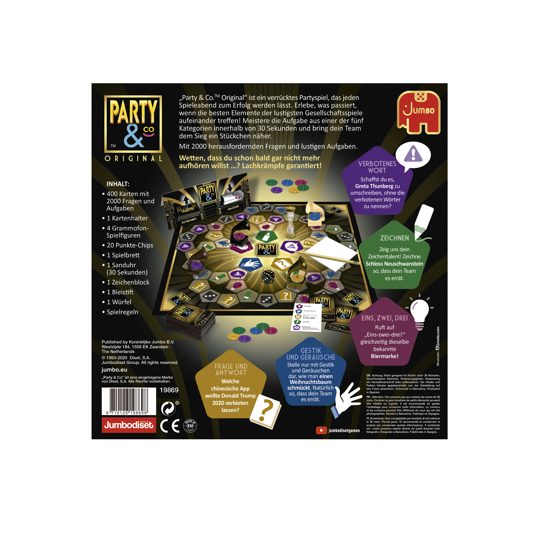 Brettspielkasten mit Spielbrett, Karten und Würfeln, mit Text auf Deutsch.