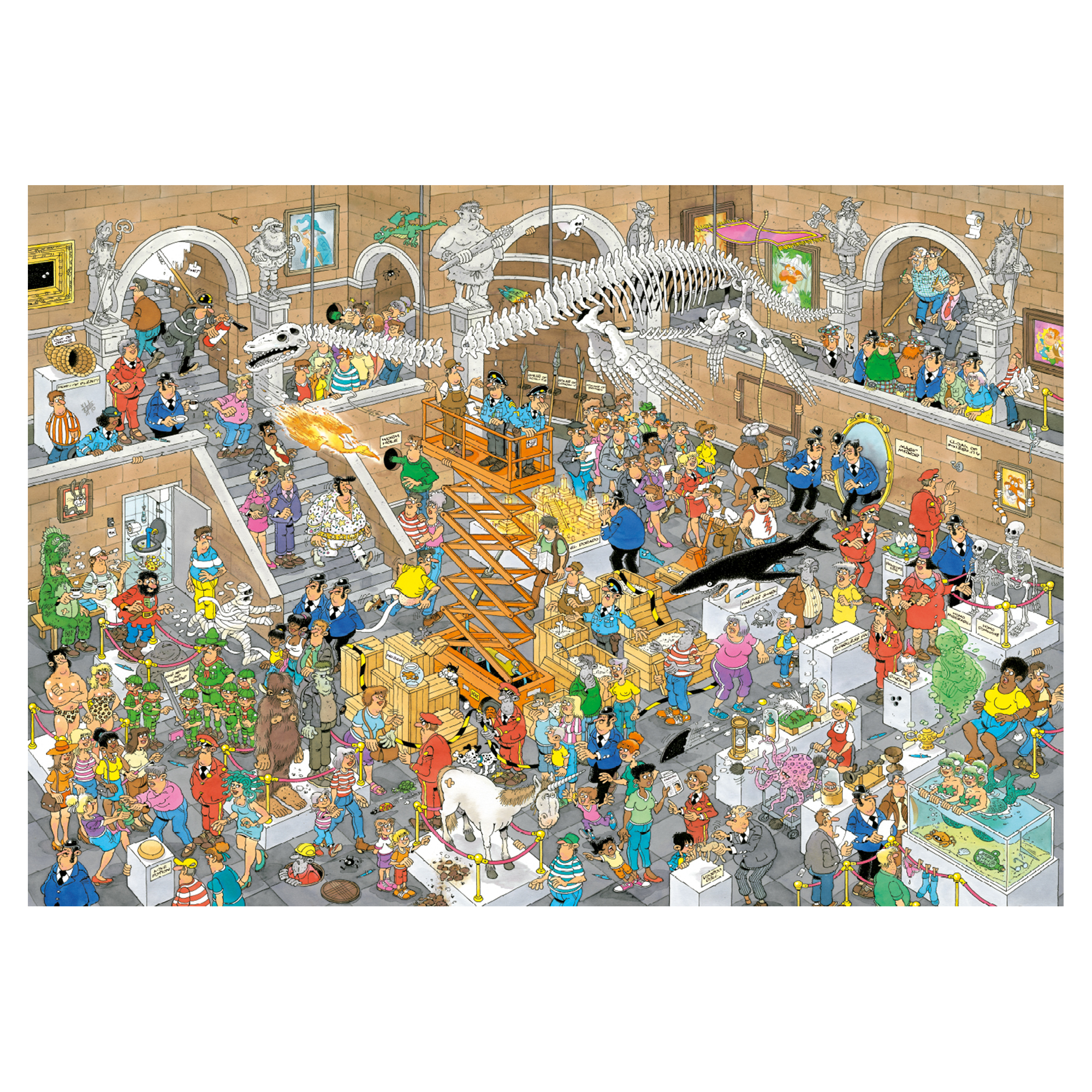 A crowded museum scene with many people. A dinosaur skeleton is on display. Other exhibits are present.