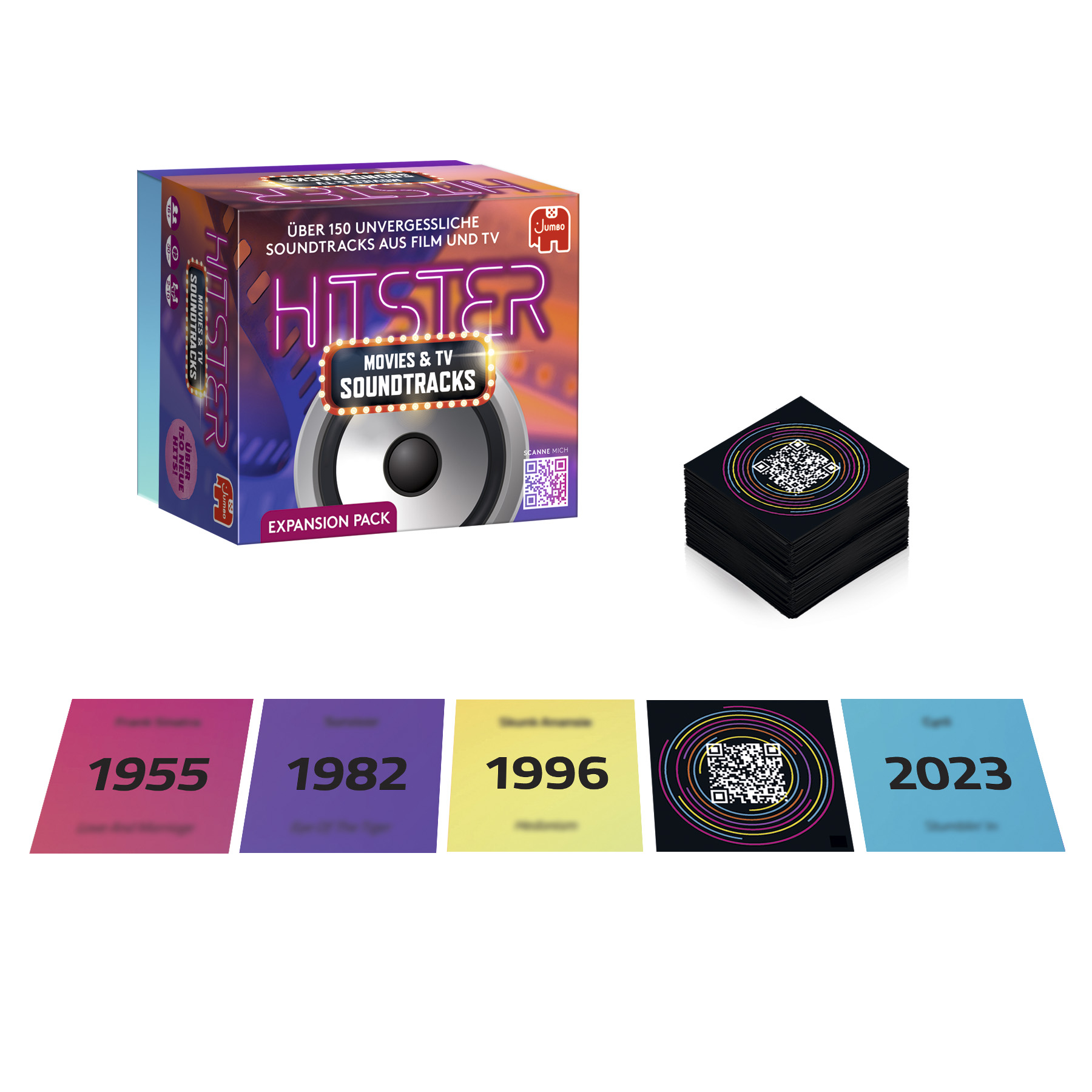 Pudełko z dodatkiem Hister Movies & TV Soundtracks z kartami, na białym tle.