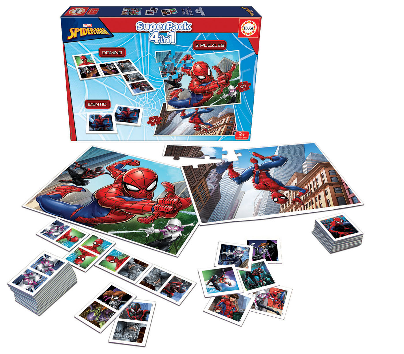 Zestaw puzzli Spider-Man z domkiem. Pudełko i elementy zawierają grafikę Spider-Mana.