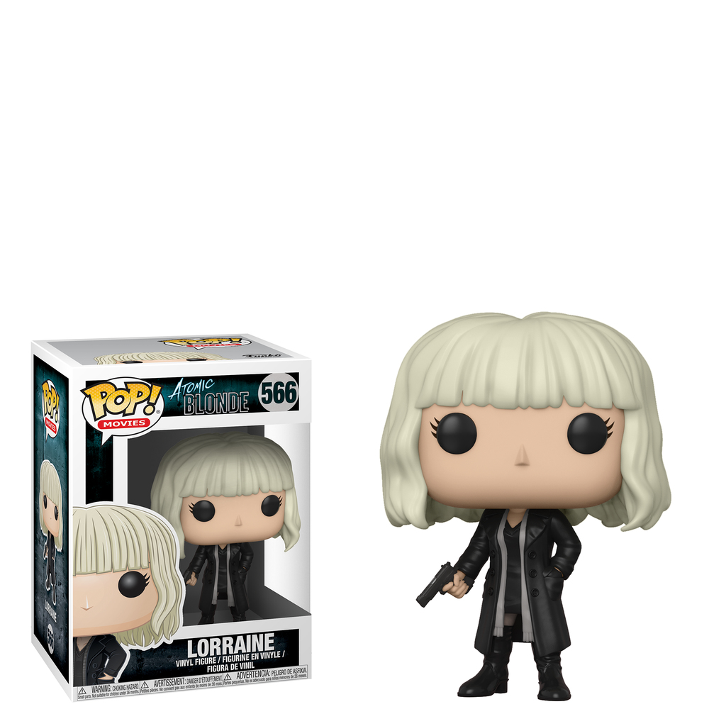 Eine Funko Pop-Figur von Lorraine aus Atomic Blonde, die eine Waffe hält, mit einer Box daneben.