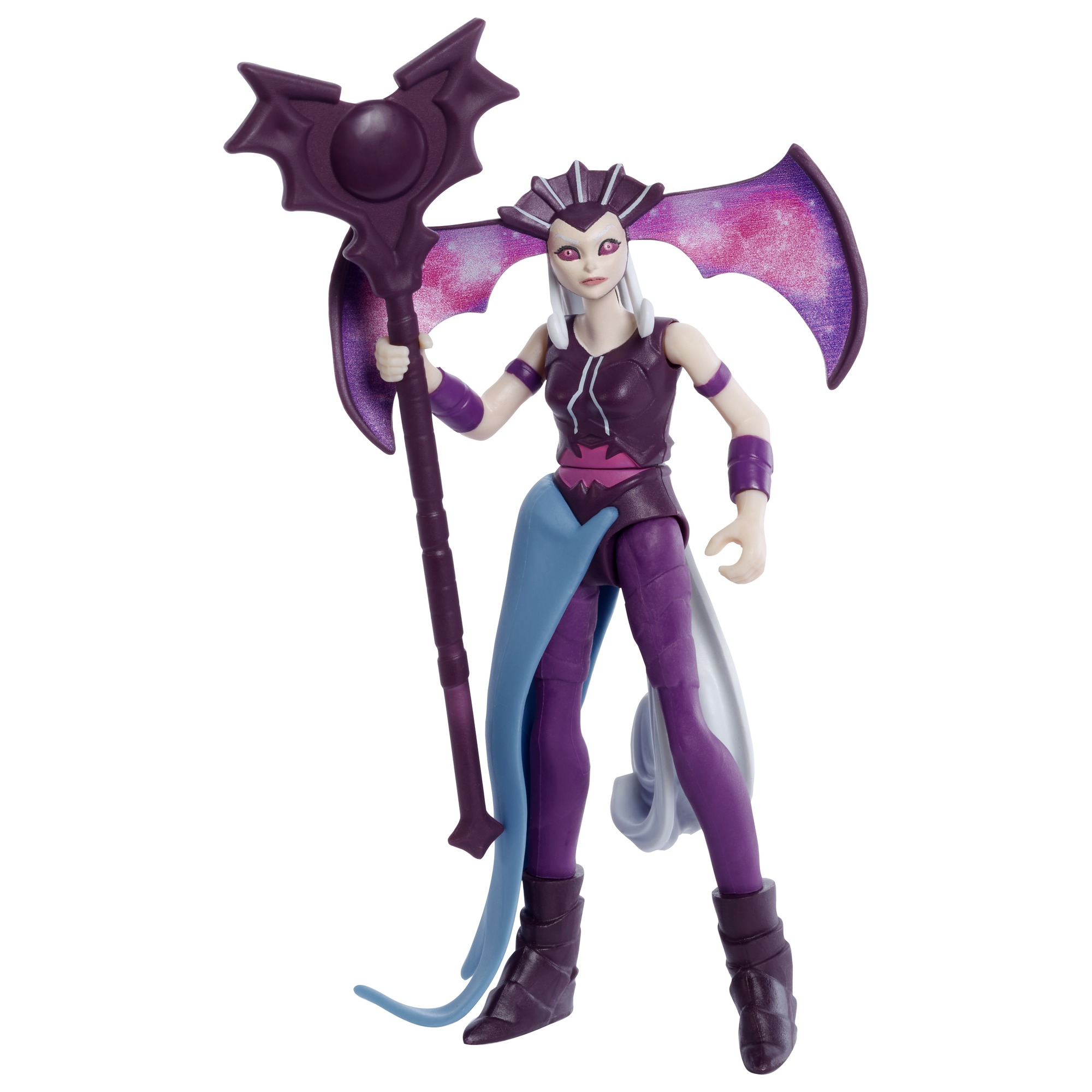Una action figure viola di un personaggio femminile con un bastone e capelli a forma di ali di pipistrello.