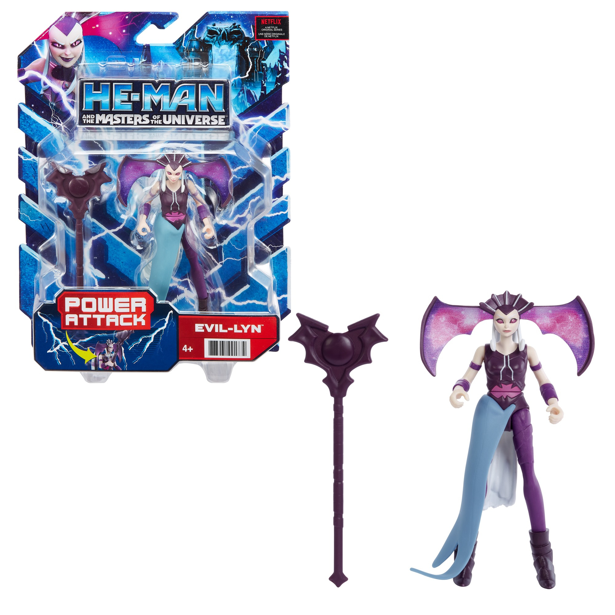 Action figure di Evil-Lyn, confezionata e in piedi. I colori viola, bianco e blu sono prominenti. Mostrato anche un bastone.