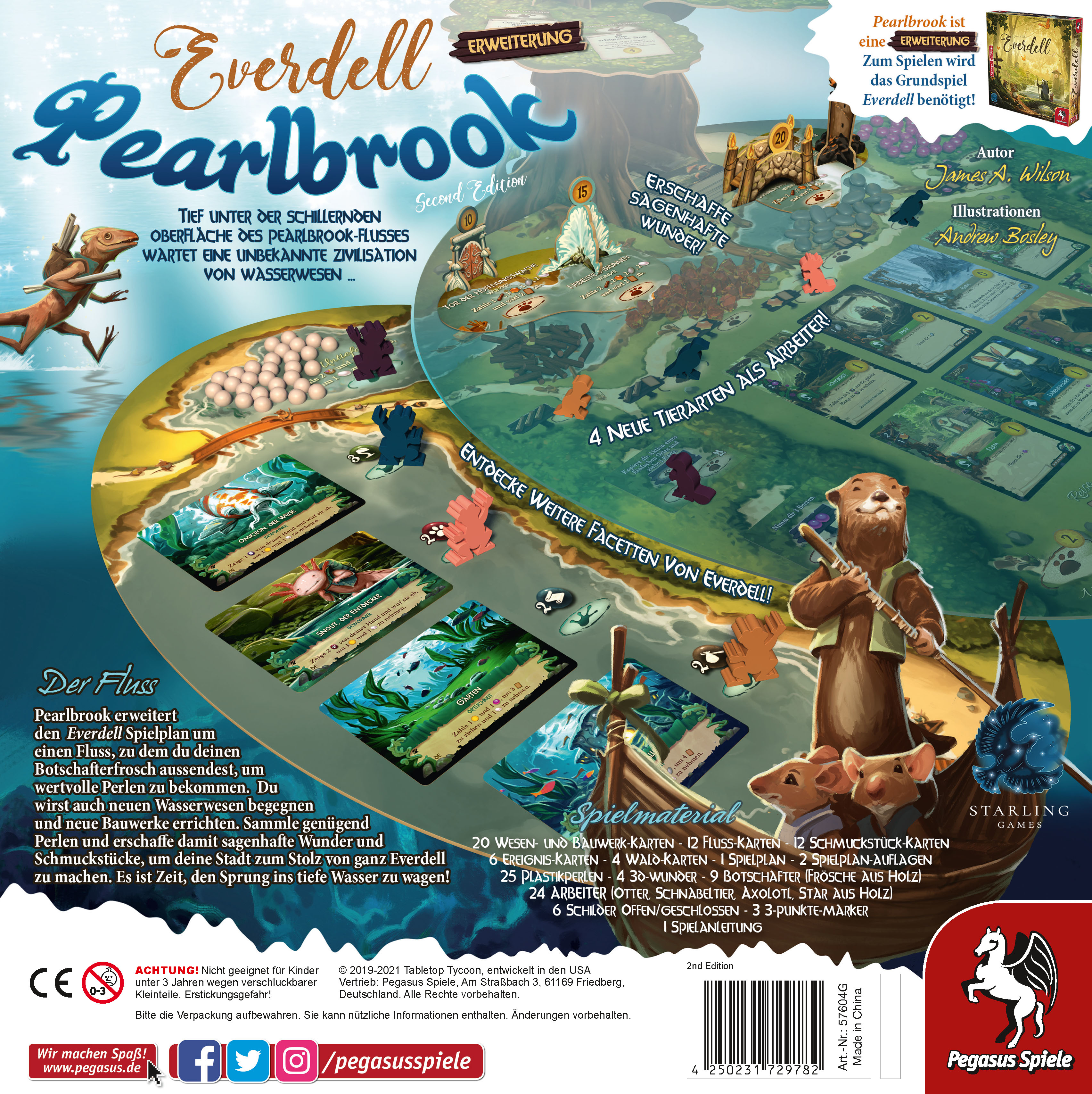 Brettspielbox mit buntem Spielbrett, Karten und Figuren.
