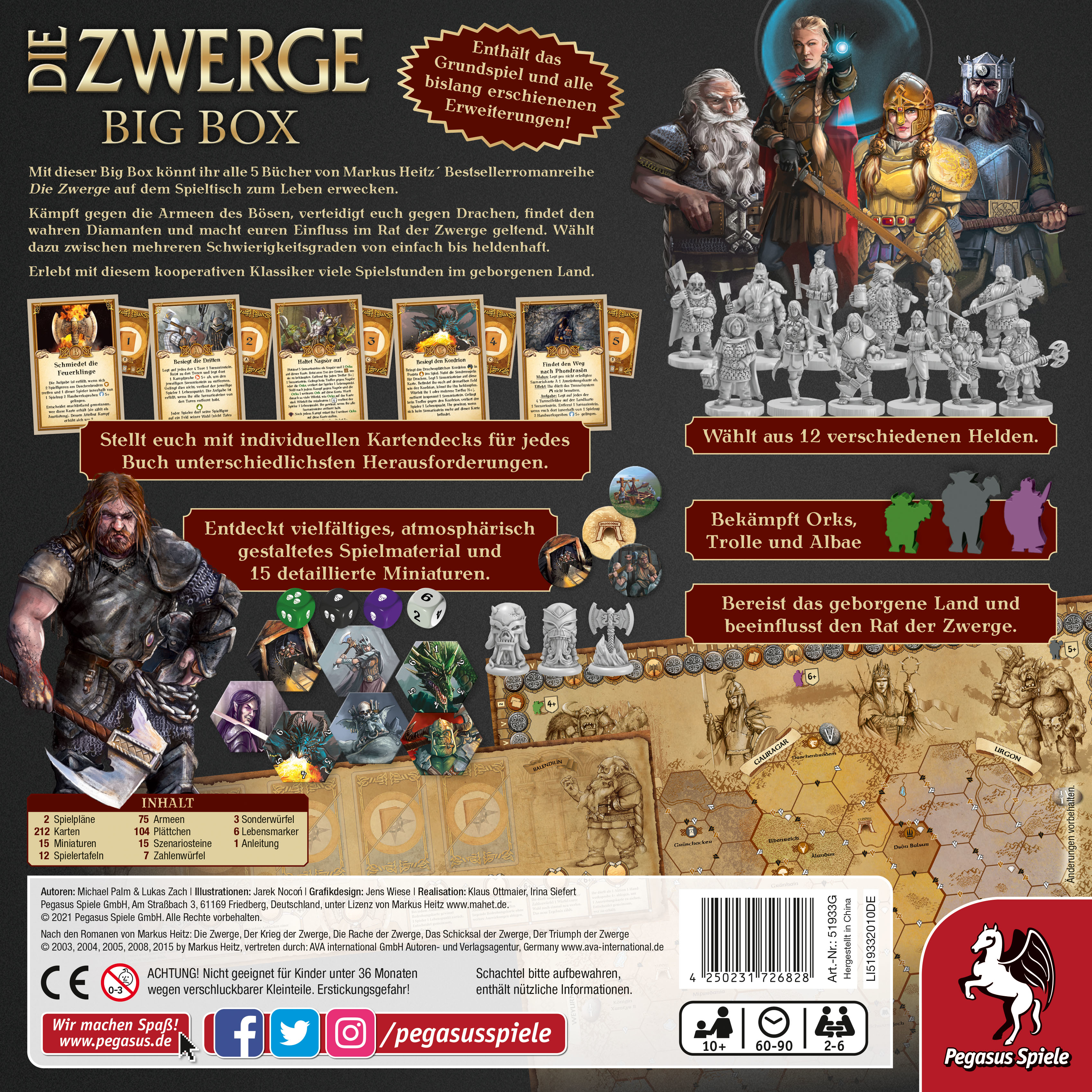 Brettspielbox mit Fantasy-Kunst und Text auf Deutsch. Zeigt Spielsteine und Charaktere.