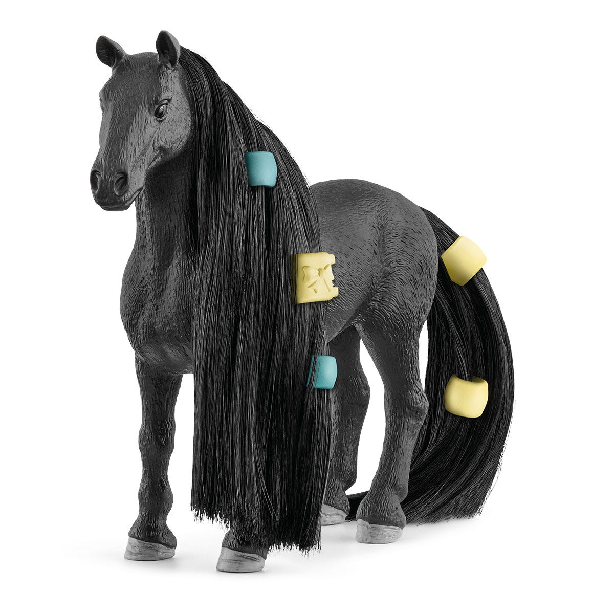 Schwarzes Spielzeugpferd mit langen schwarzen Haaren, verziert mit blauen und gelben Accessoires.
