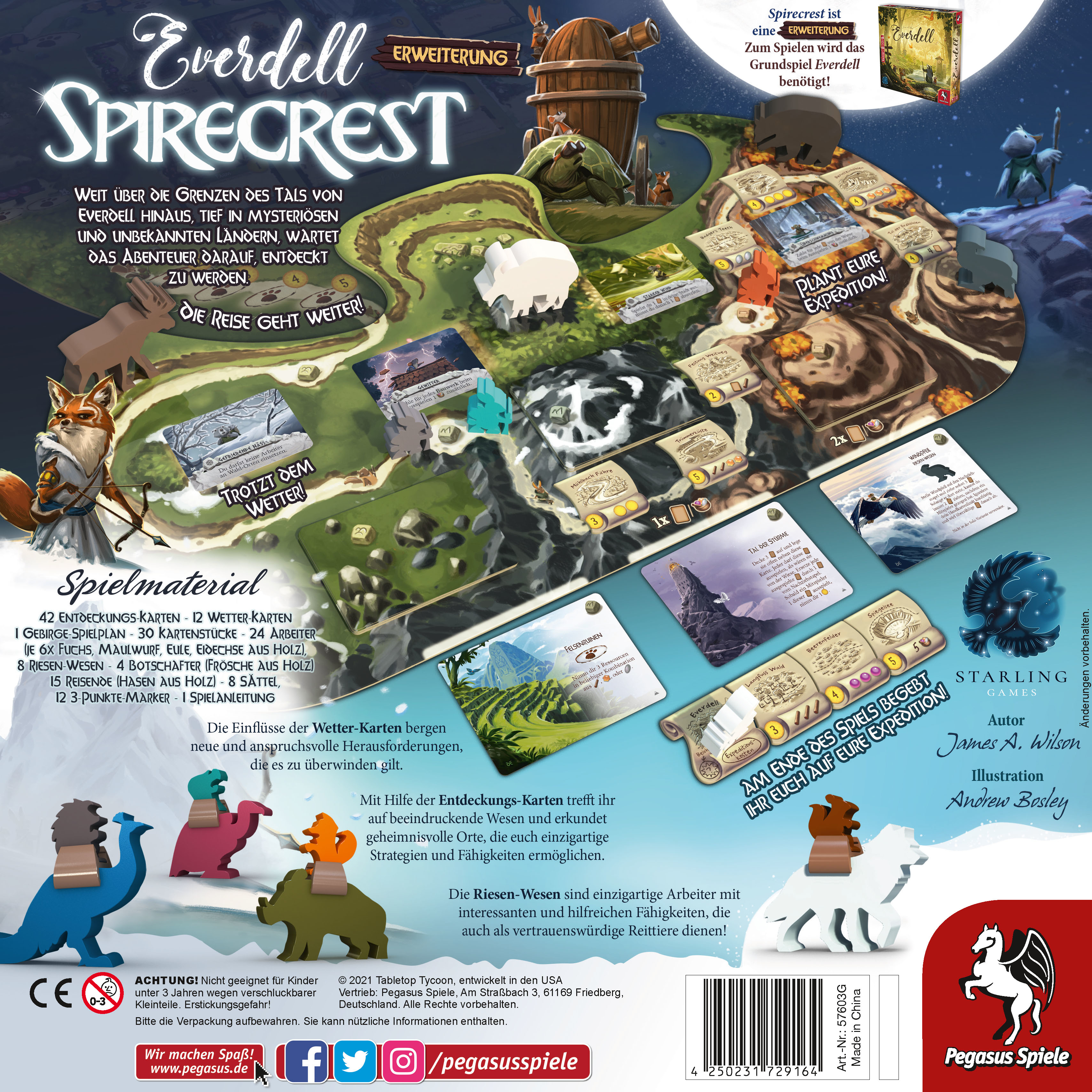 Una caja de juego de mesa. La caja muestra los elementos del juego, un mapa y cartas.