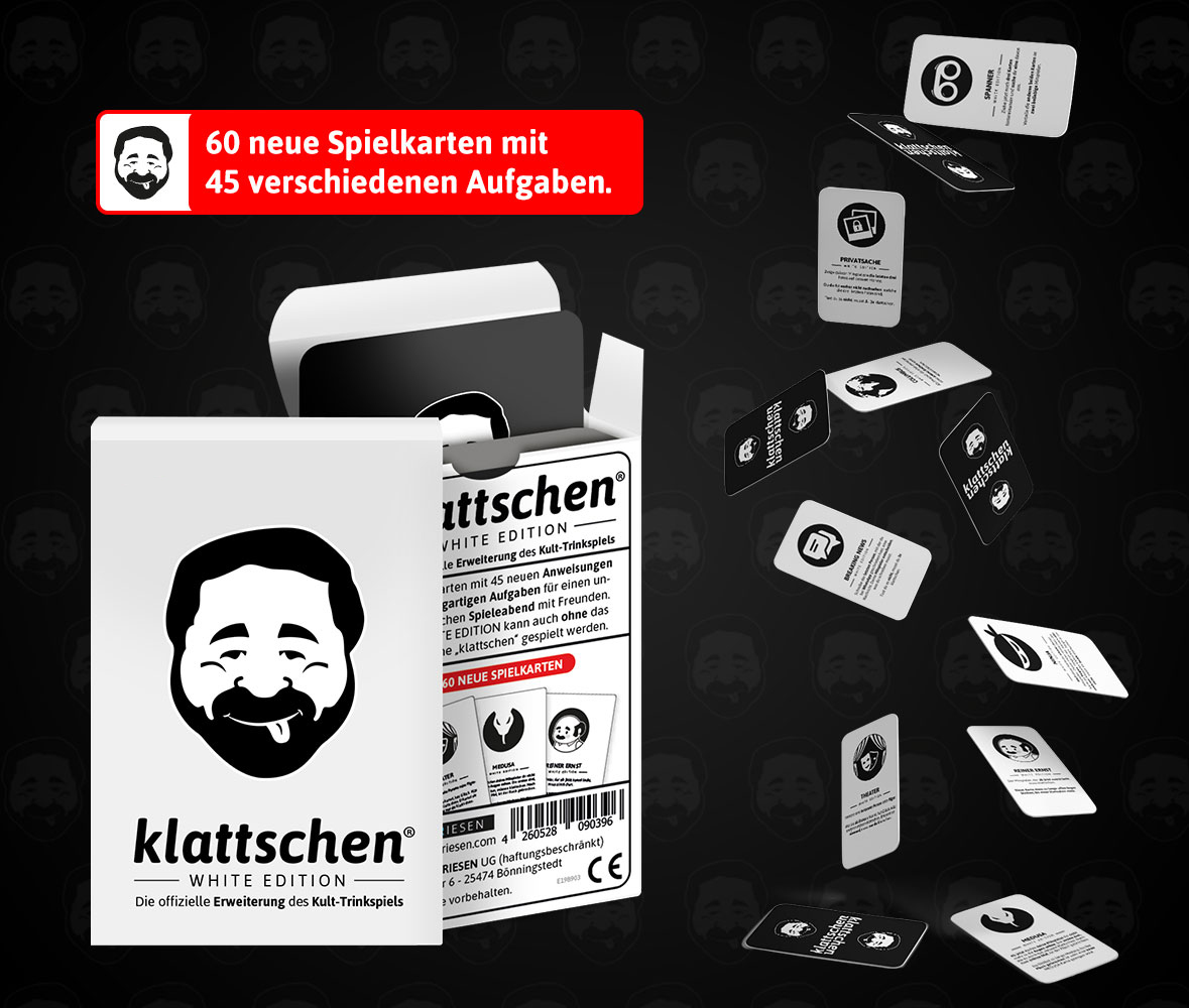 Eine Kartenbox mit einem Cartoon-Bild eines Mannes, mit vielen Karten herum.