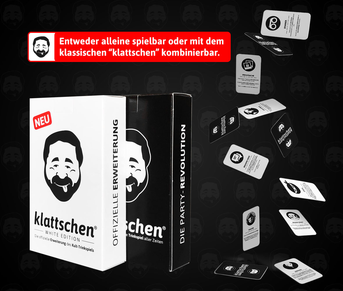 Eine weiße Box mit einem Cartoon-Gesicht-Logo, Karten mit demselben Logo und Karten mit Text auf schwarzem Hintergrund.