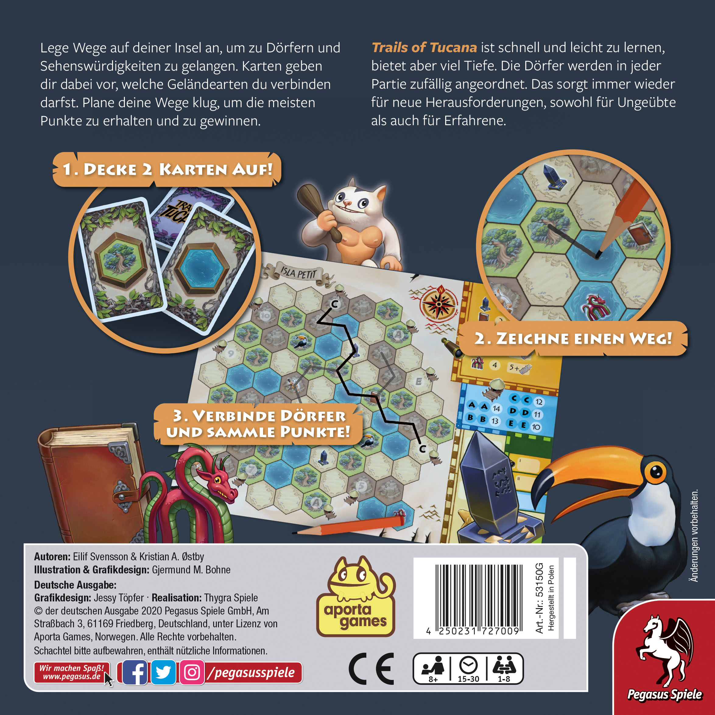 Eine Brettspielbox mit bunten Illustrationen und Text auf Deutsch, einschließlich eines Tukan und eines Drachen.